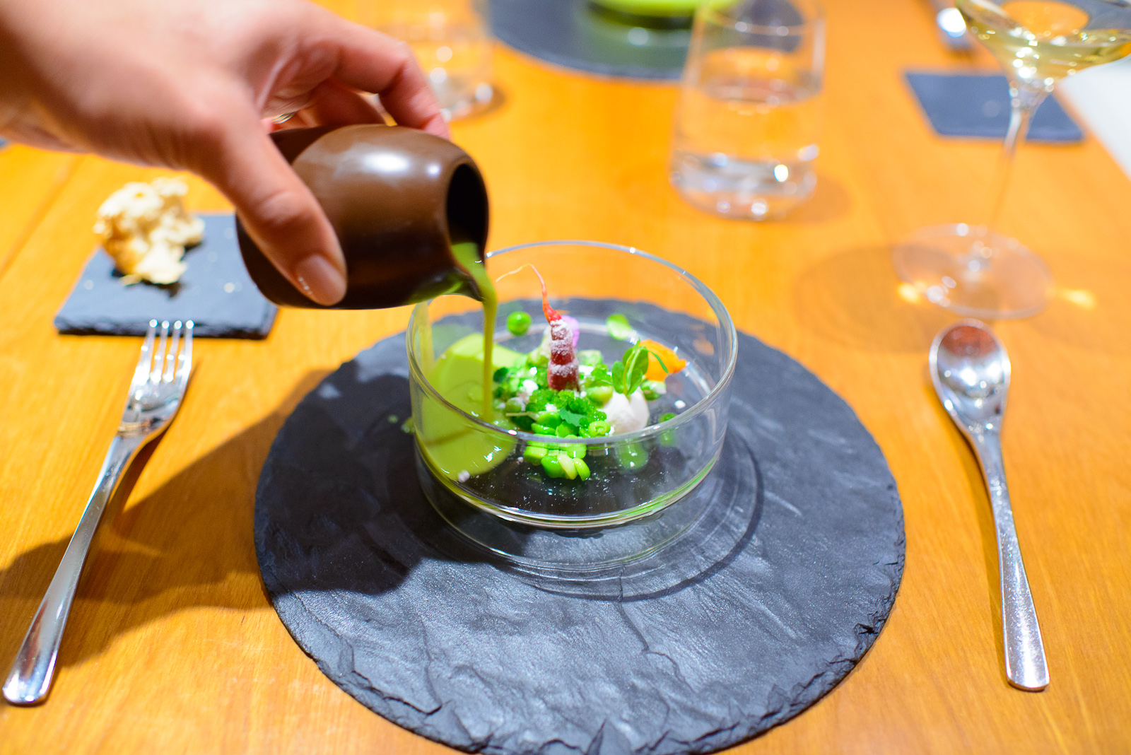 1st Course: "Spring's arrival" - Peas, coconut, and carrots with