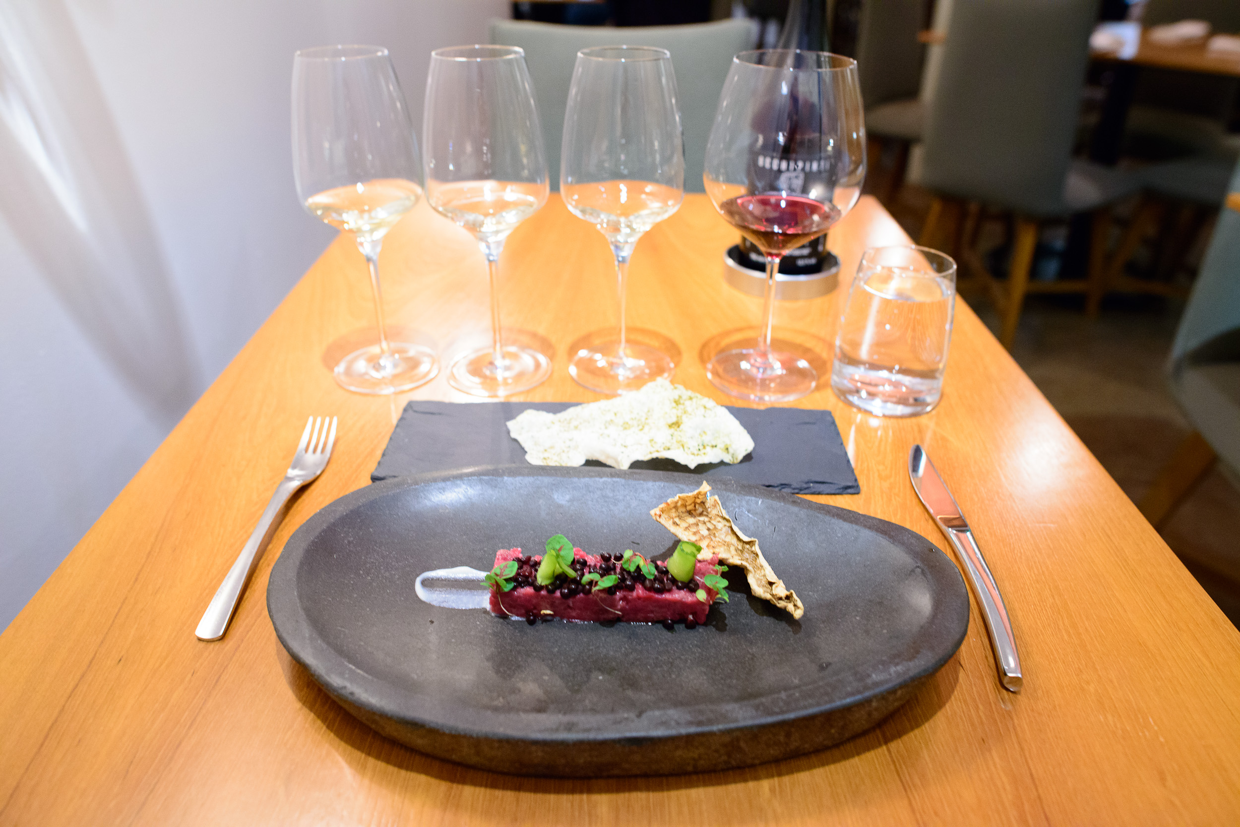 10th Course: Venison tartar, blackberry, snapper skin