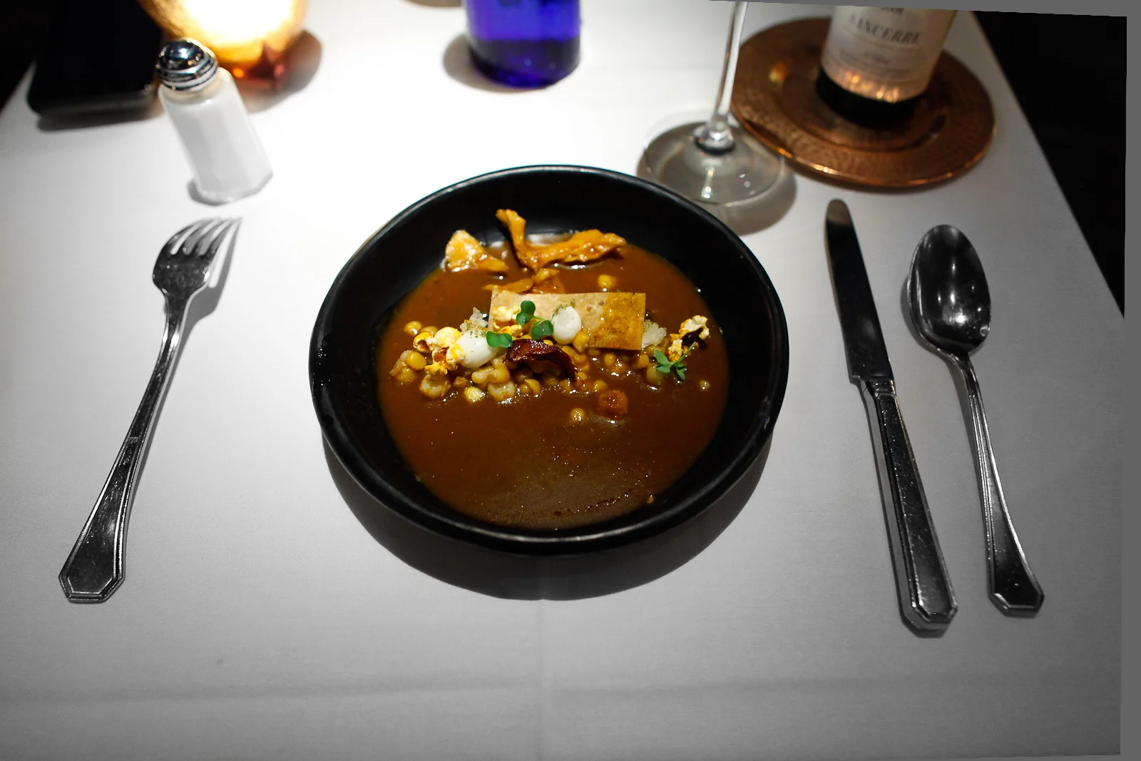2nd Course: Pozole de Hongos, Mole Amarillo: Chanterelle and maitake mushroom pozole in Oaxacan yellow mole (guajillo chile, tomatillo, hoja santa),