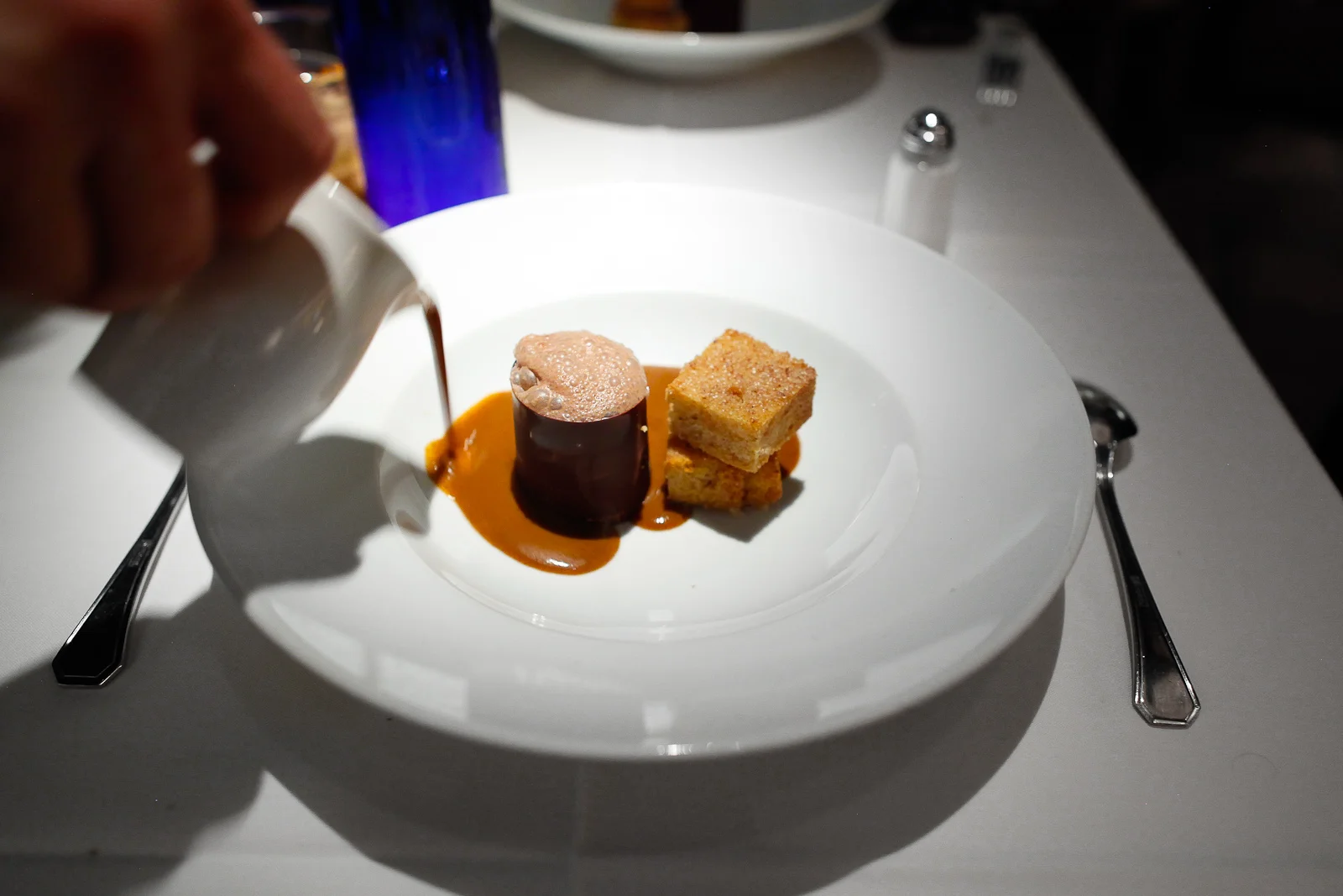 5th Course: "Taza" de Chocolate Oaxaqueno con Manchamanteles: A "cup" of layered frozen chocolate espumas (bittersweet, Oaxacan, turron, bubbly)