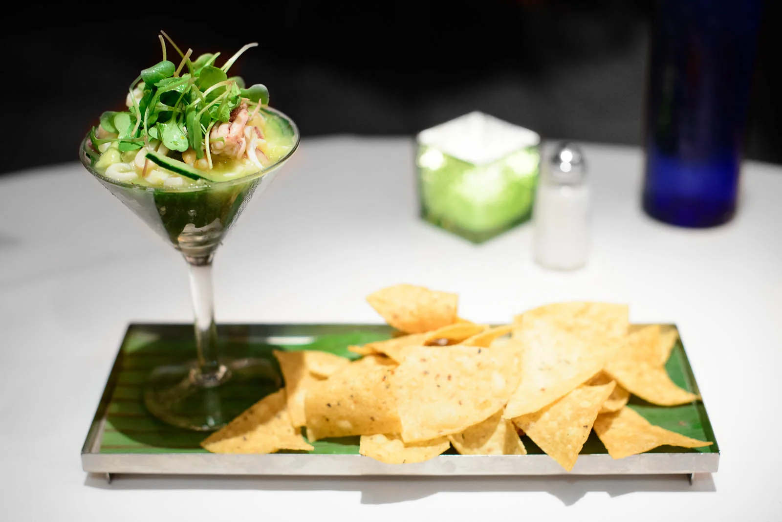 Ceviche Yucateco: Steamed Mexican blue shrimp & calamari, lime,