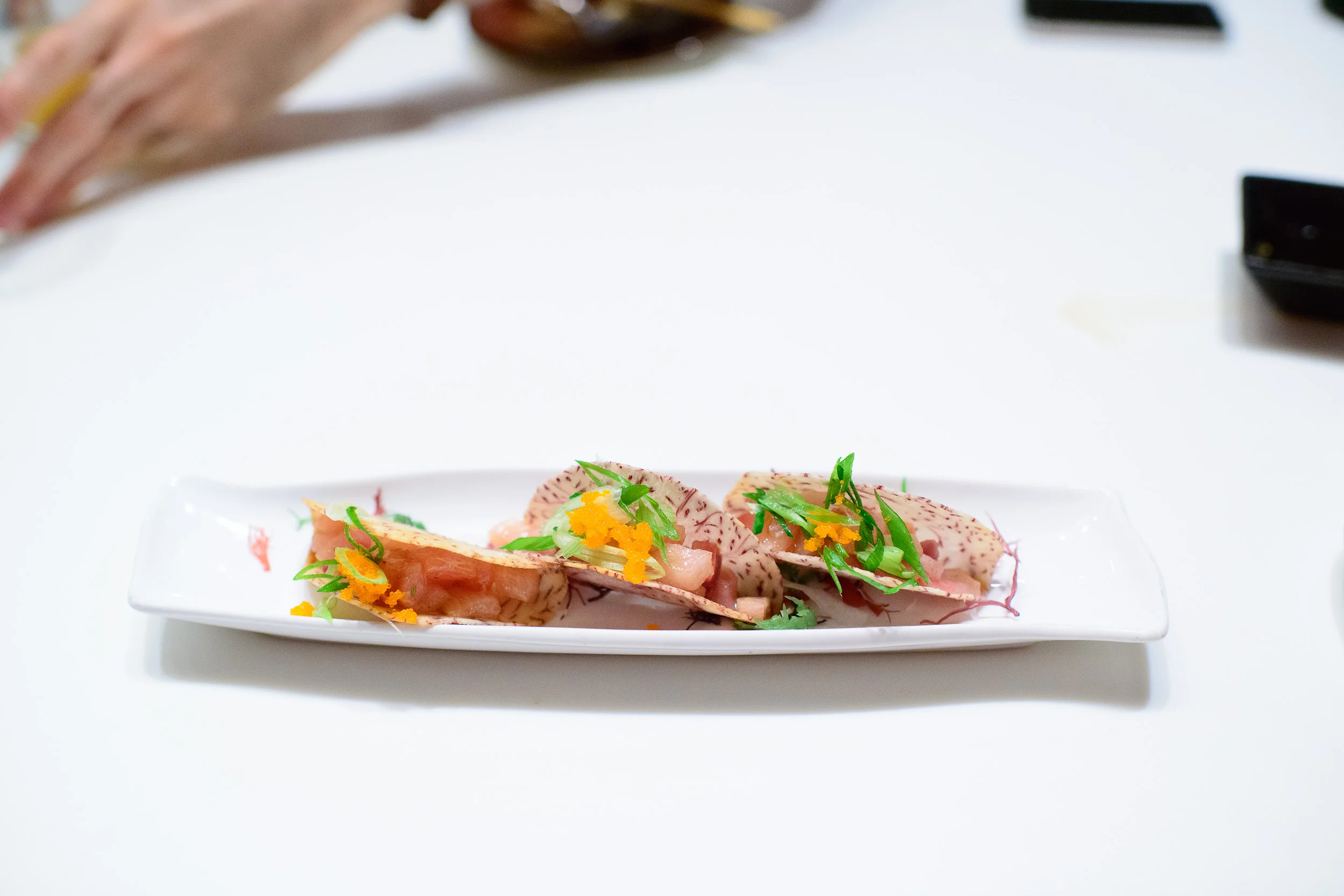 Tartare of hamache in taro root taco ($12)