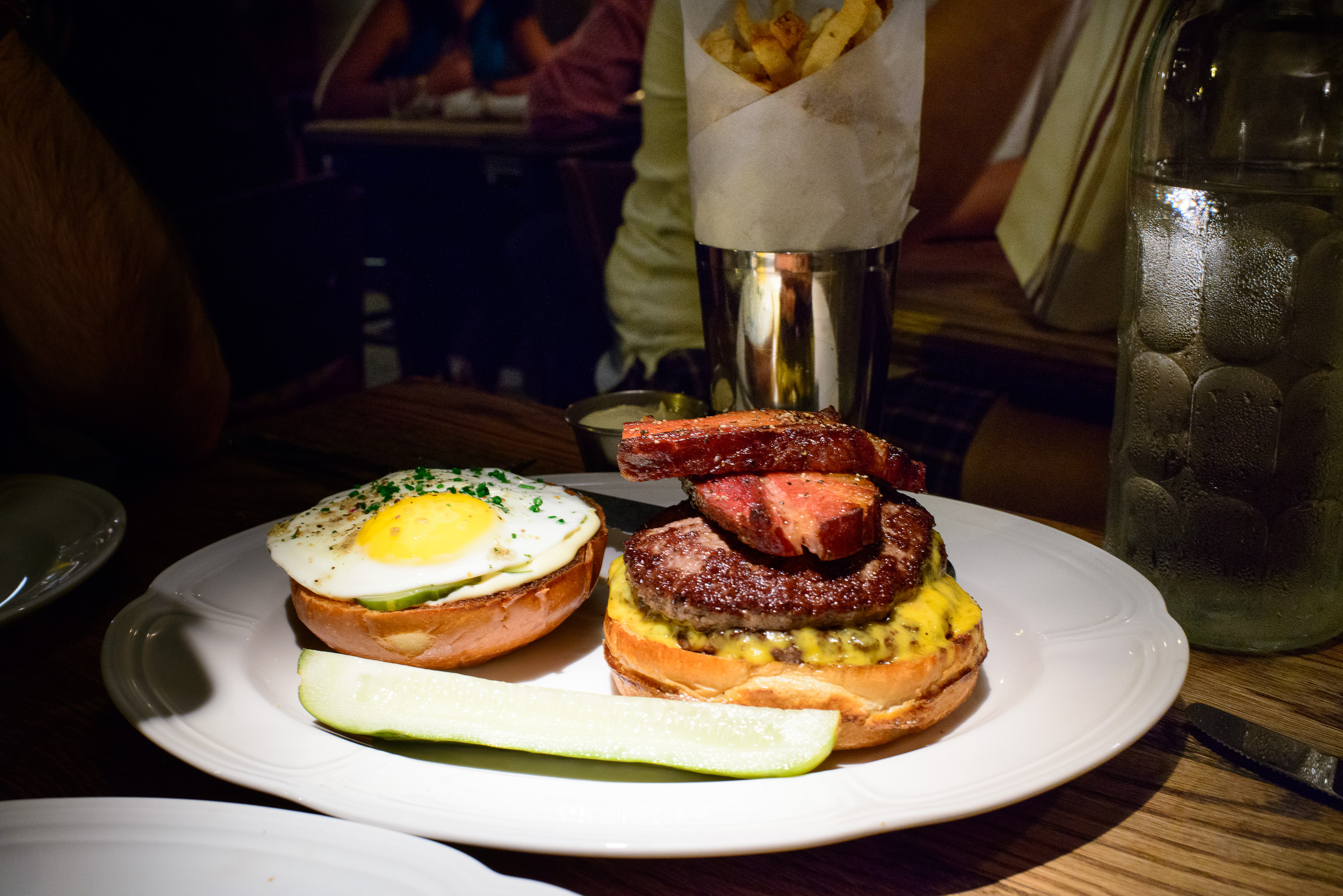 Double cheese burger with fried bacon and egg ($11.95)