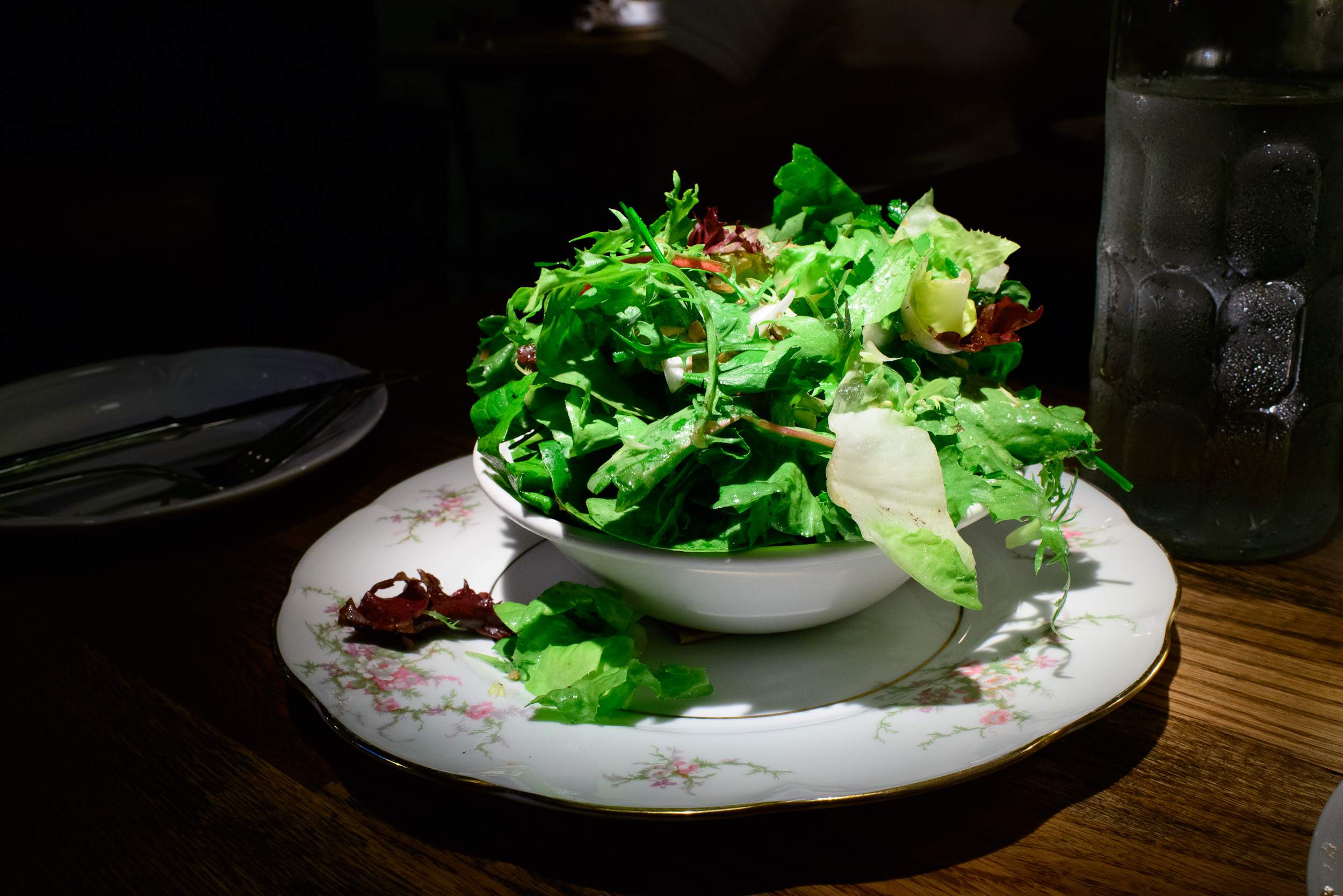 Green salad with pickled shallot, herbs, and sherry vinaigrette