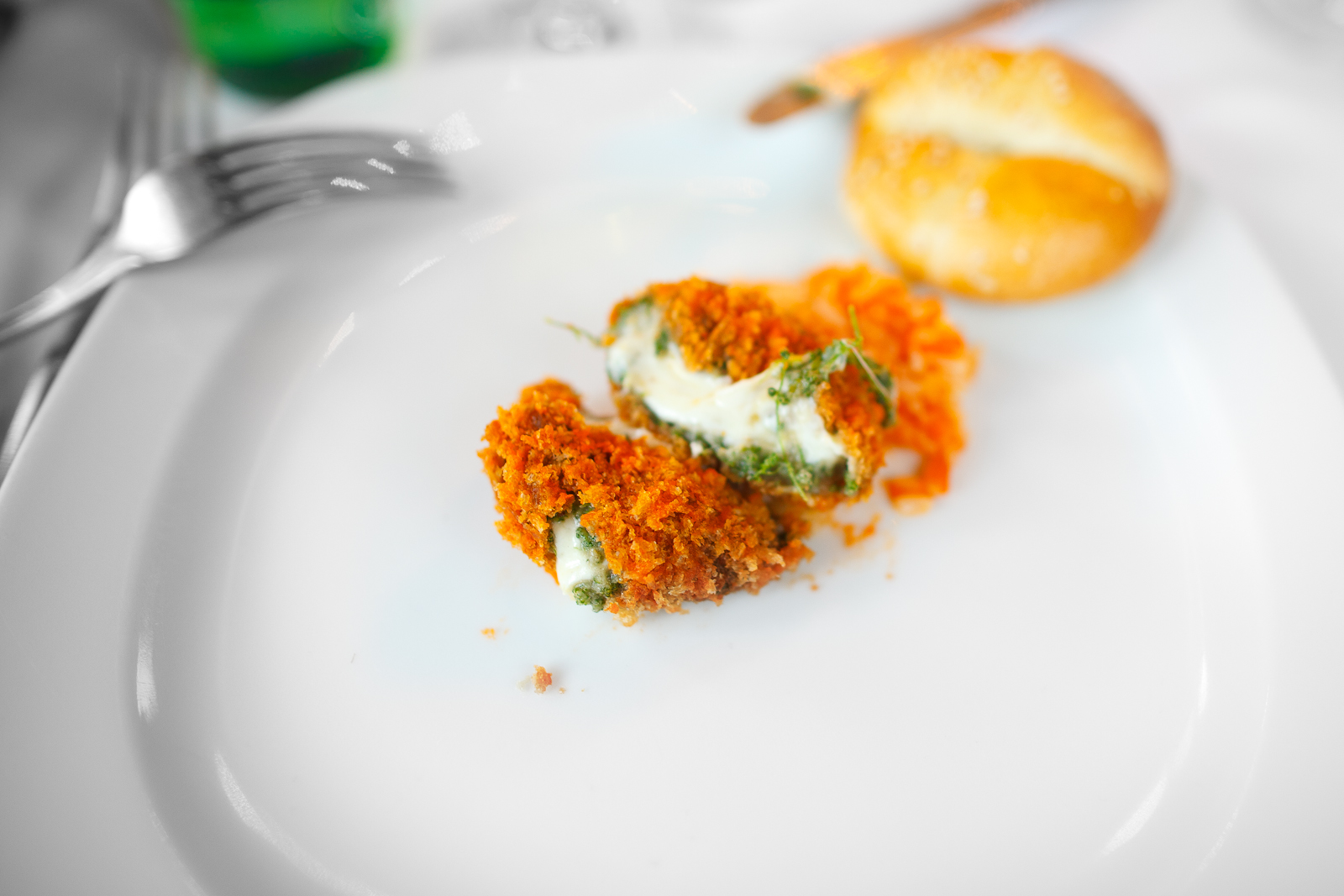 Croquetas de huauzontles, acompañadas con arroz blanco y caldillo espeso de jitomate (Mexican huauzontle croquets filled with cheese over white rice and tomato broth), interior (90 MXP)