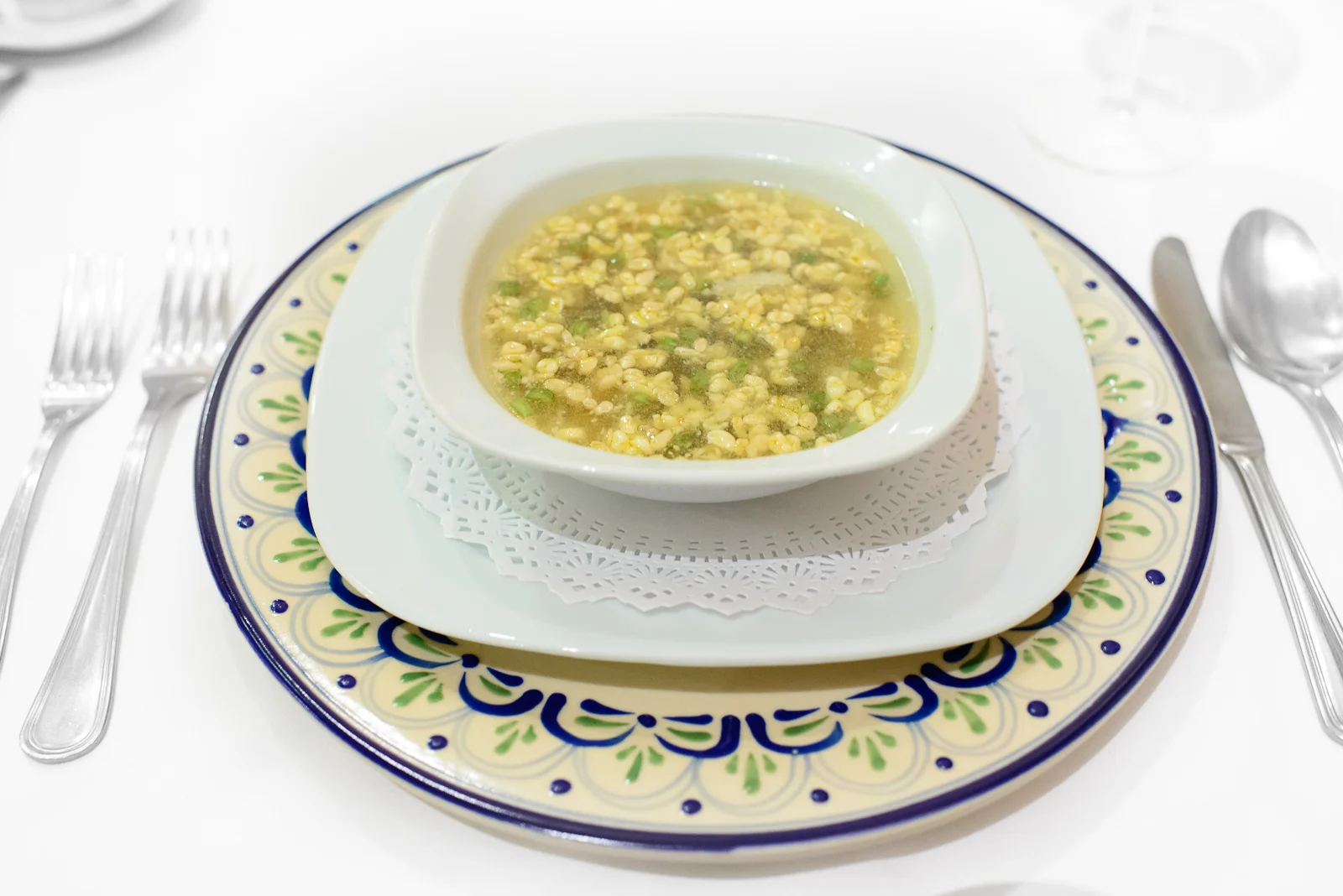 Sopa de escamoles con epazote (ant larvae soup with epazote)