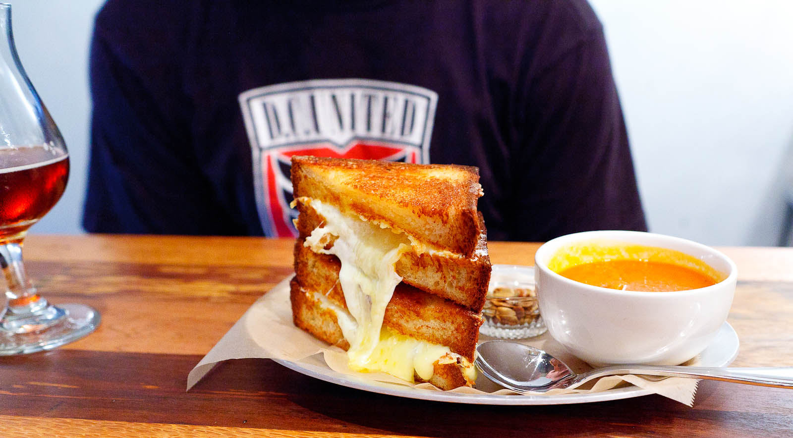 Cheddar and Mozzarella, brioche with tomato soup ($8)