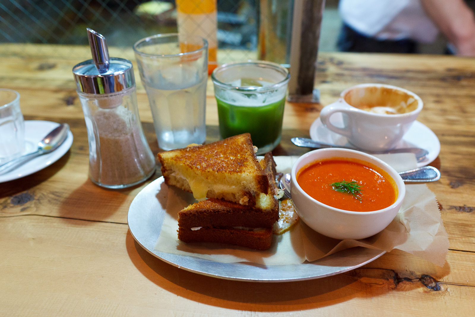 Cheddar and Mozarella, brioche with tomato soup ($8)