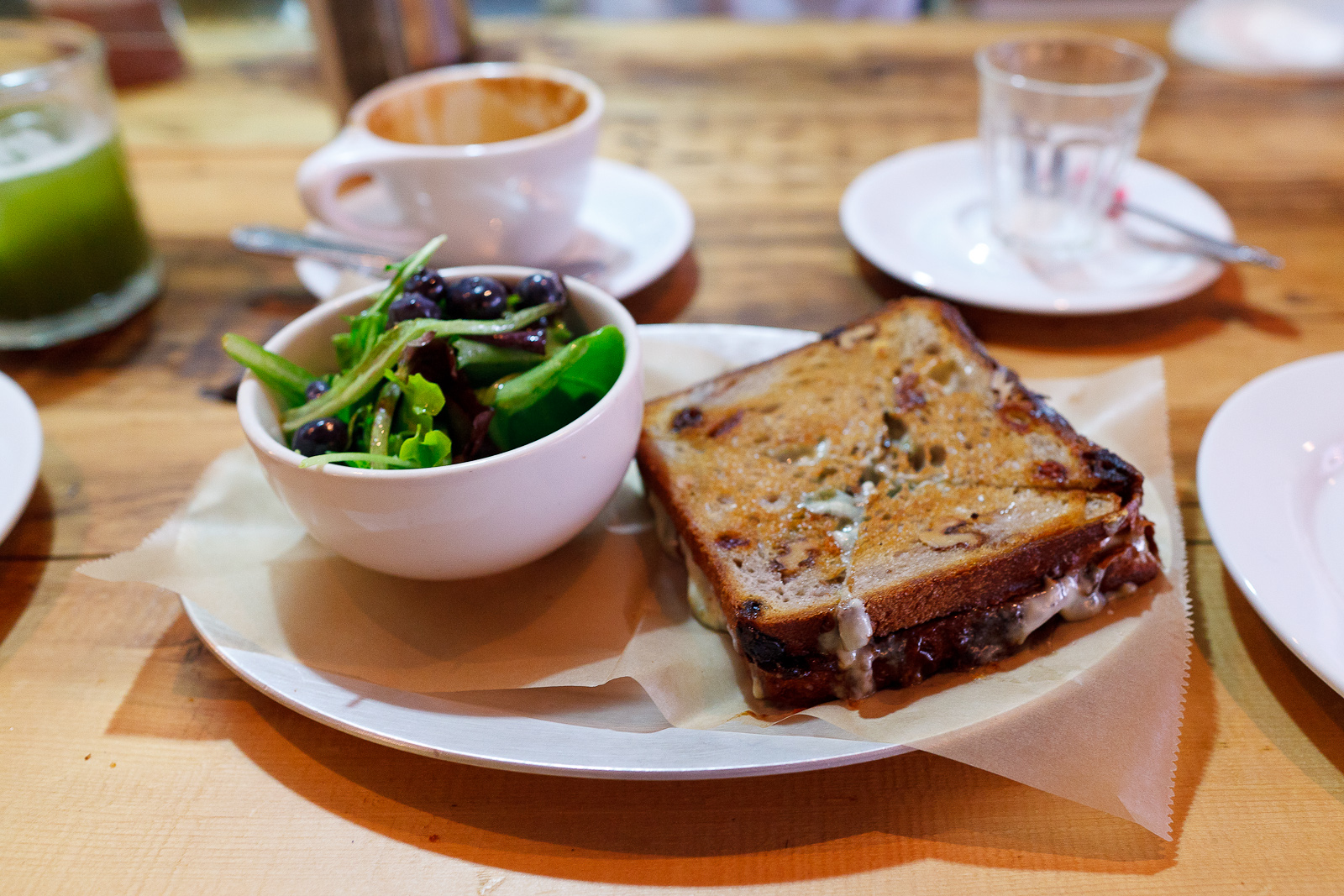 Great hill blue, prune jam, fresh pear on cranberry-walnut bread with green salad and pickled blueberries ($11)