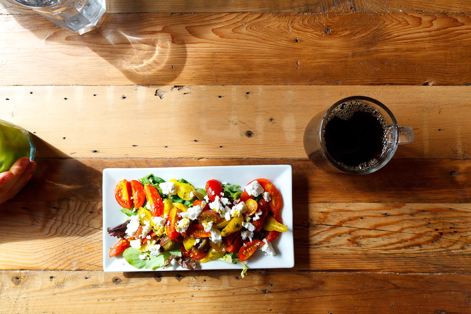 Summer tomato salad with Hellgate Farm tomatoes, V60 Brazilian Daterra decaffeinated pour over coffee