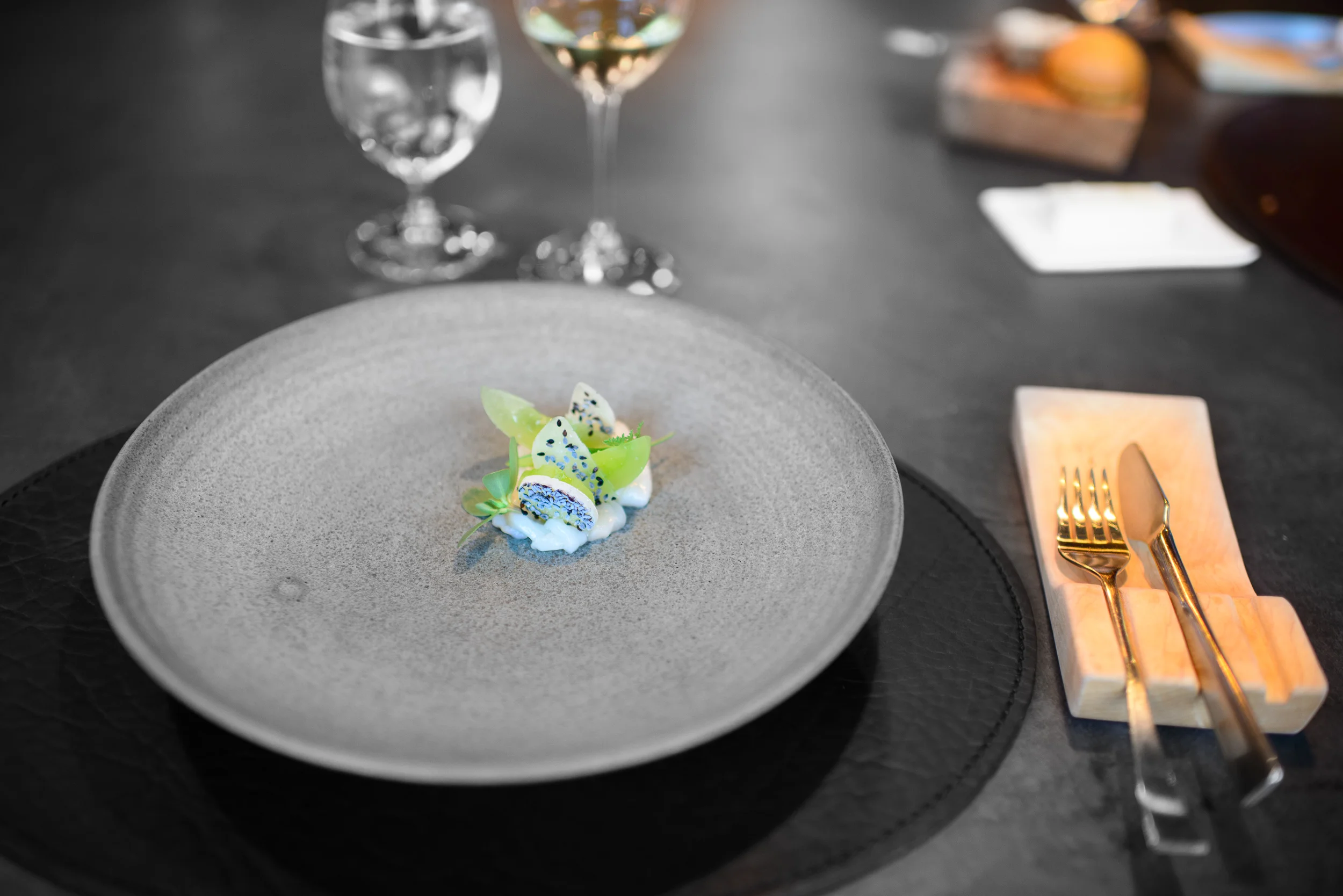10th Course: Diver scallops, pickled green tomatoes, sesame