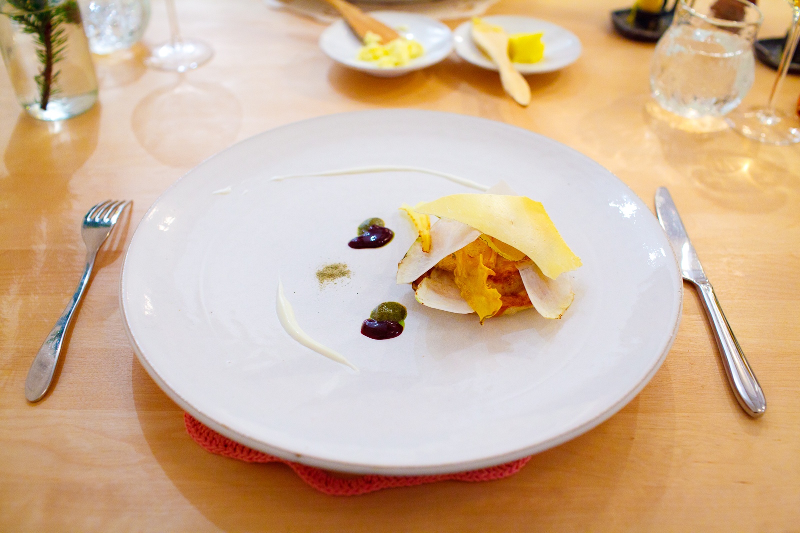 3rd Course: Roasted celariac with baked and fried dried root vegetables, yogurt flavored with black current and dried algae.