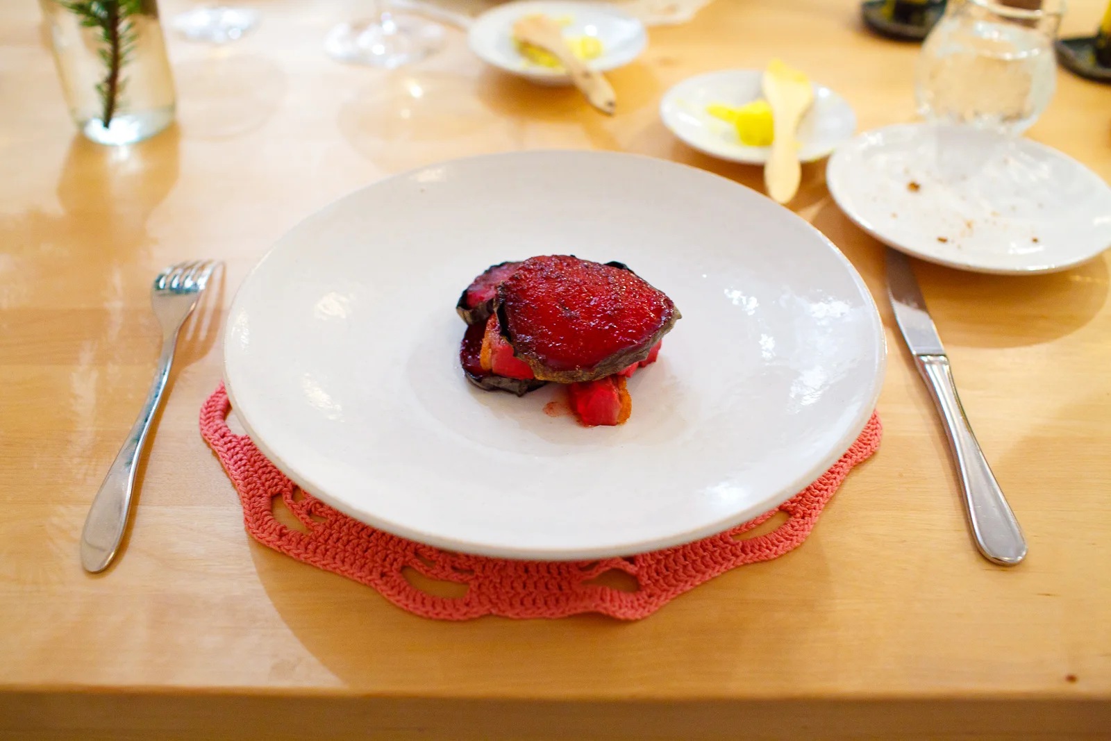 5th Course: Beet root roasted in duck fat flavored with roses and red flowers, duck, milk skin