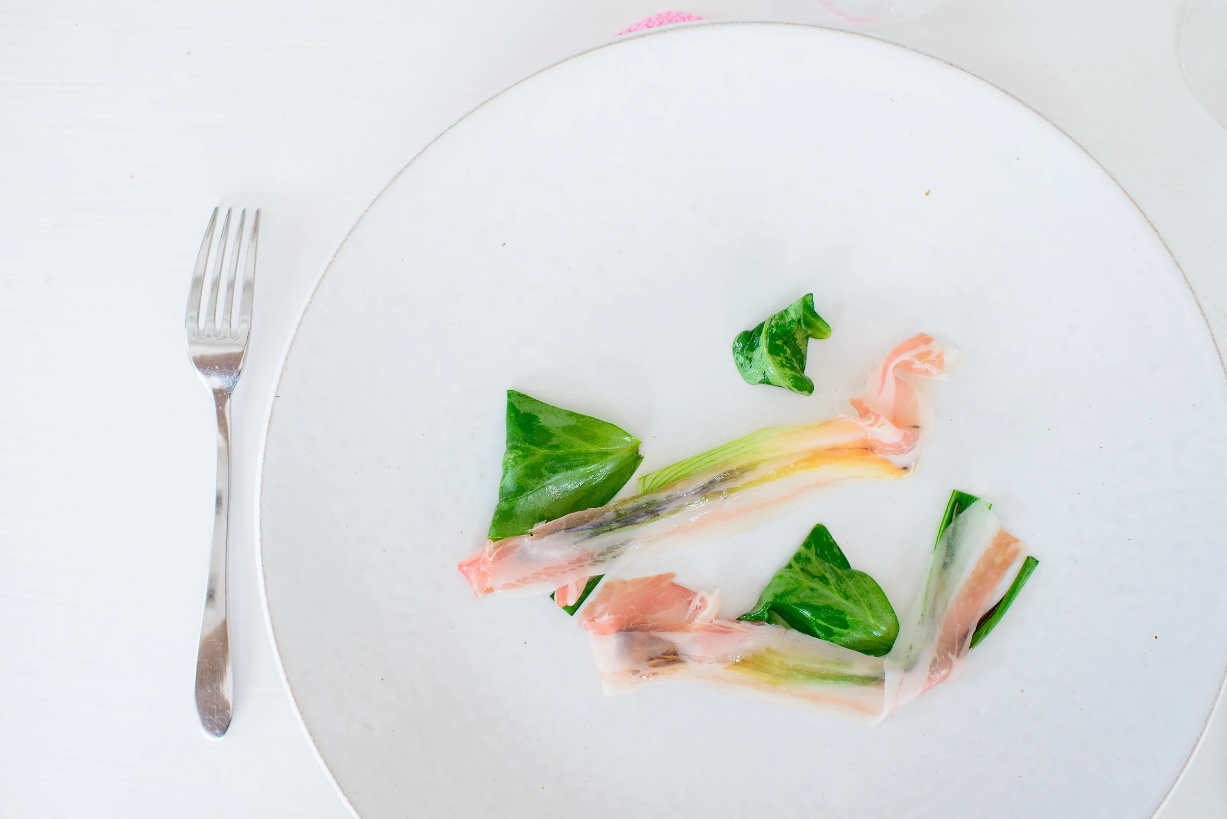 4th Course: Pork belly, spring onions, lava bean leaves