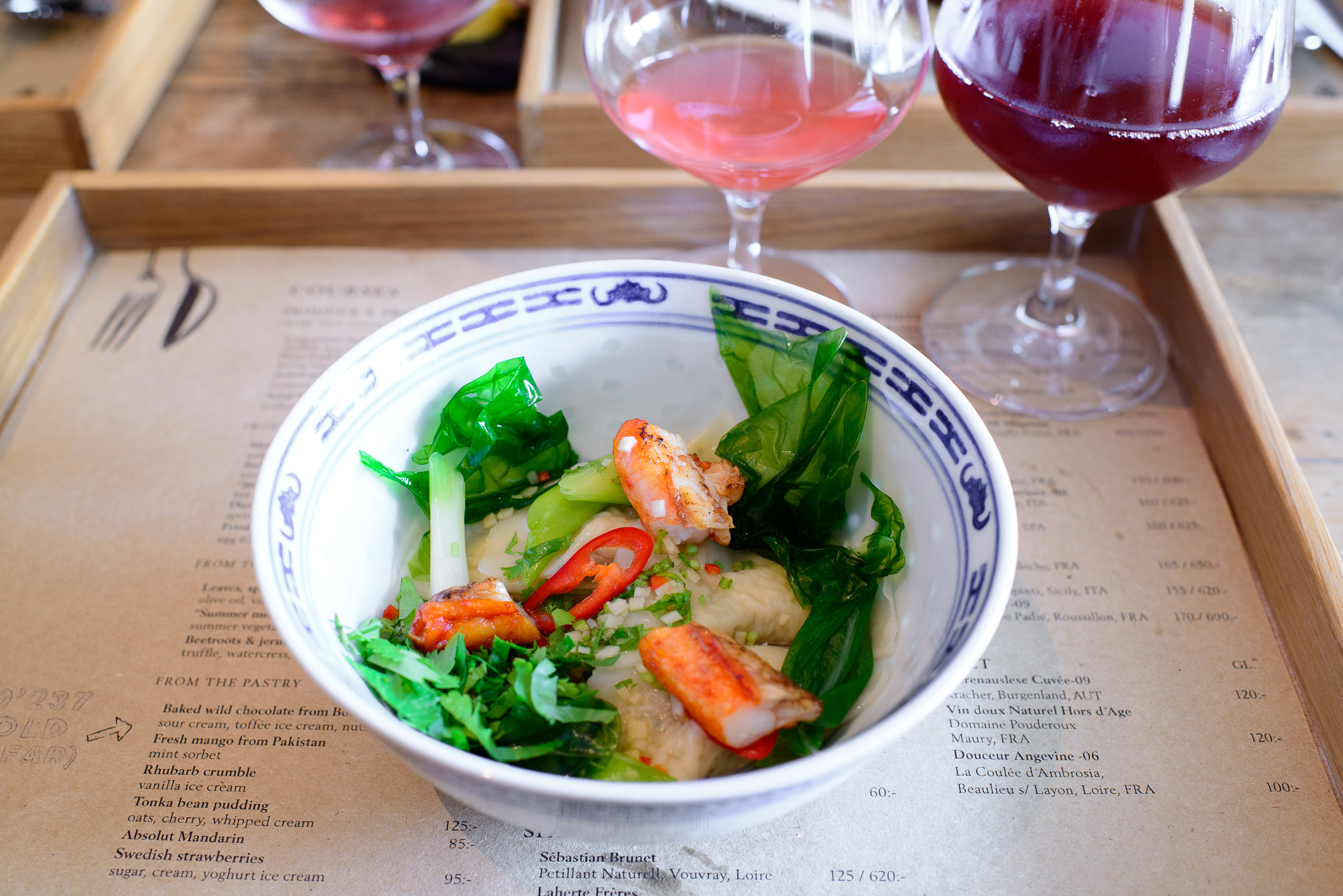 Dumplings and king crab, spring onions, ginger, chili, coriander