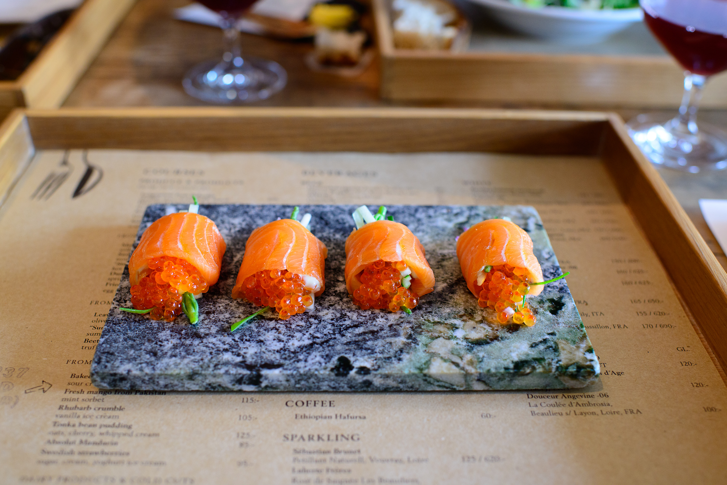 Sashimi of salma salmon, trout roe, wasabi, ginger