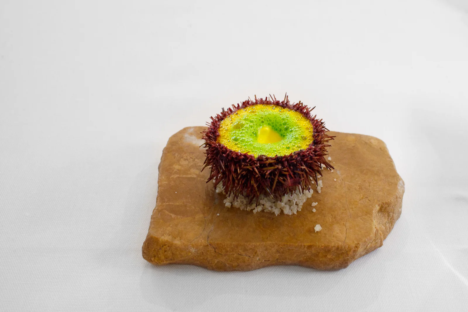 1st Course: Sea urchin from Norway served with carrot velouté, parsley soup, sediment of coldpressed rape seed oil and saffron cream