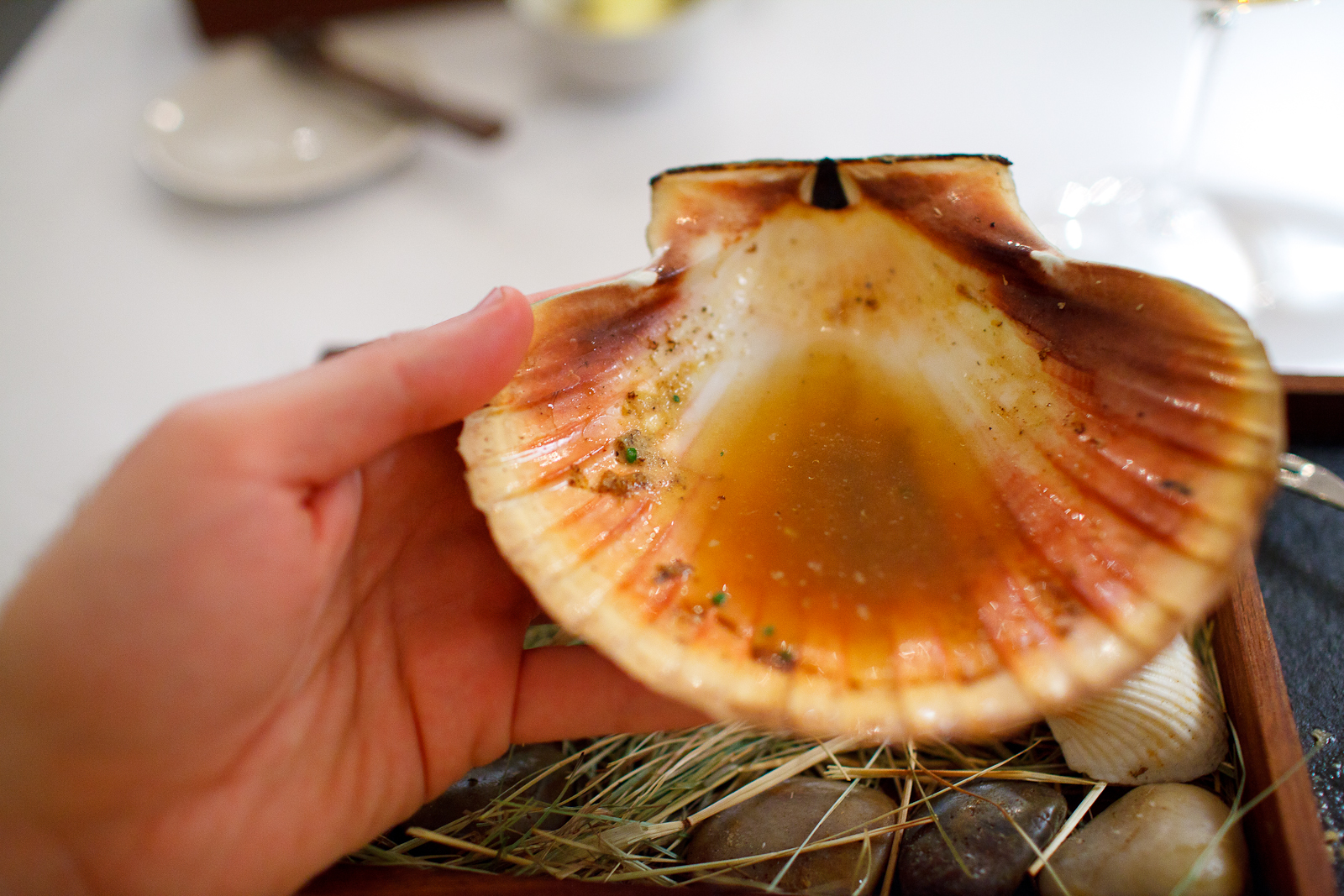 3rd Course: Scallop from Trondheim, Norway in two servings. The second component was served without utensils, so as to drink directly from the shell