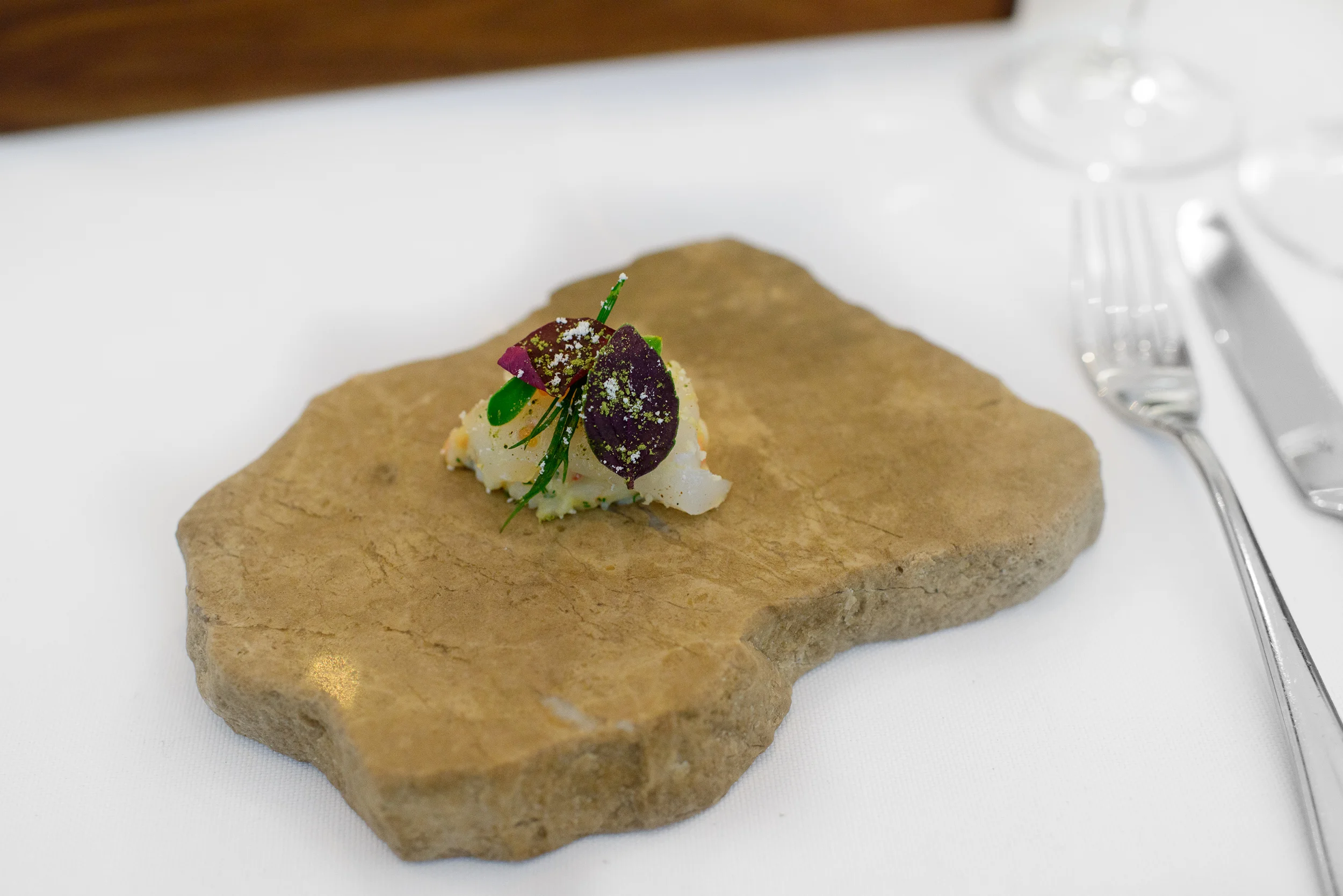 4th Course: 12-day old halibut sashimi, duck egg, crab