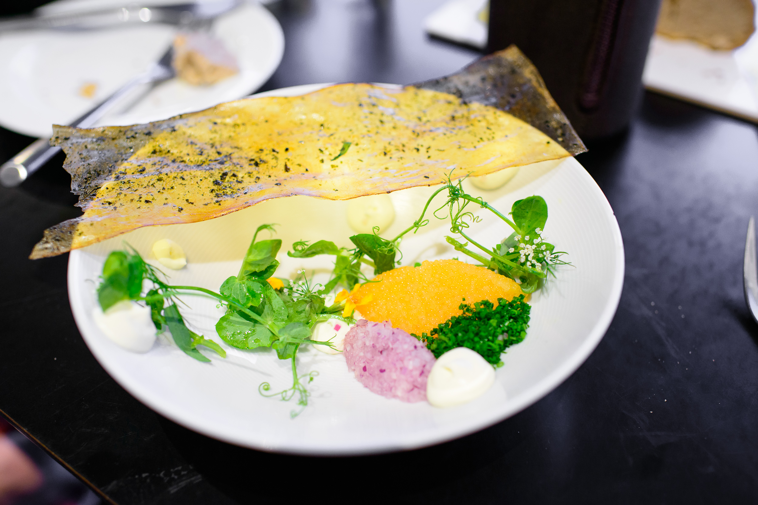 Trout roe, pea shoots, crispy potato with nori