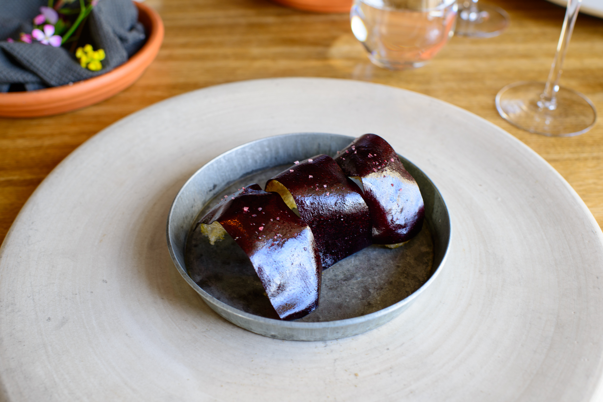 4th Course: Crispy pork skin and black currant