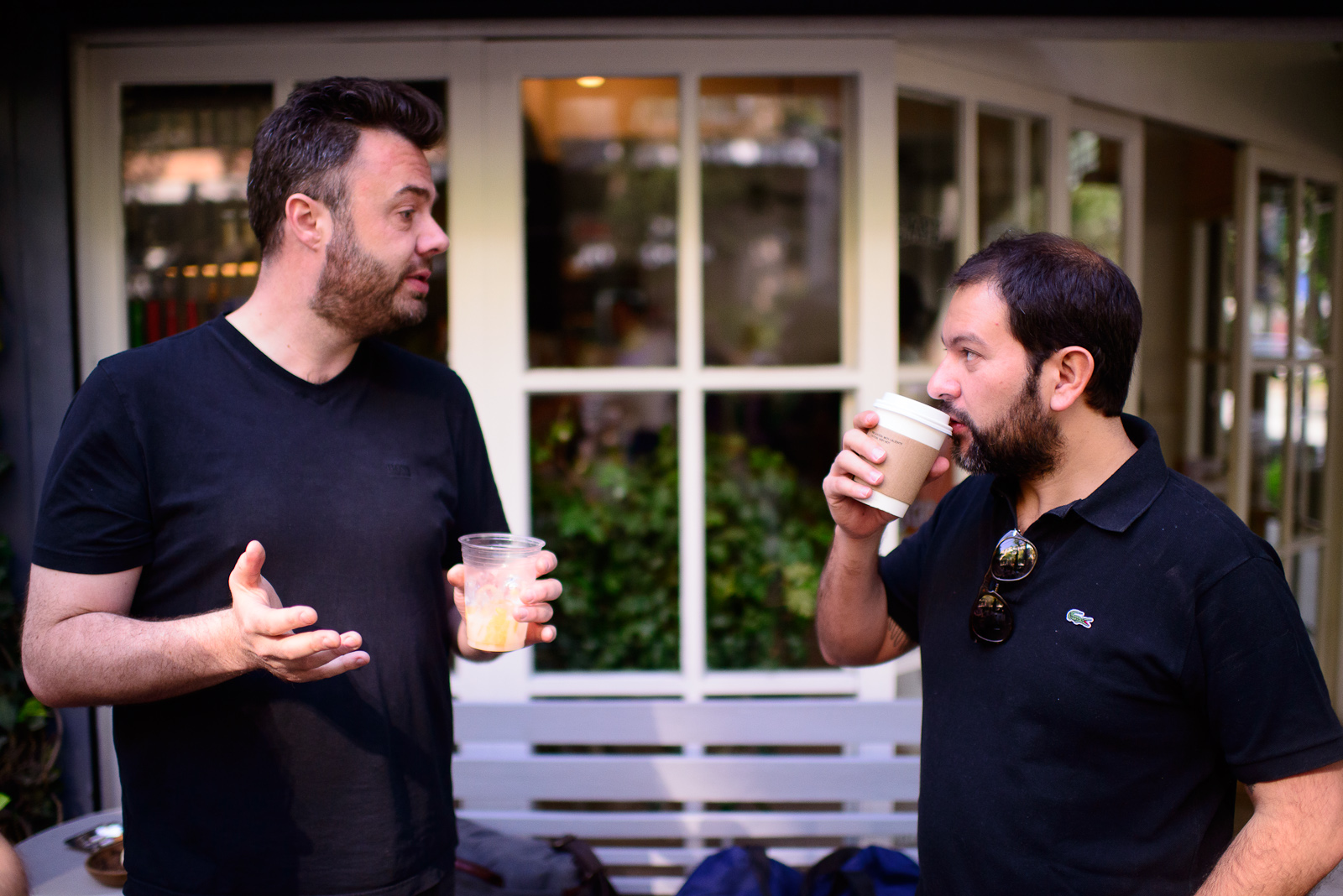 Chefs Bo Bech and Enrique Olvera grabbing coffee outside Eno Pet