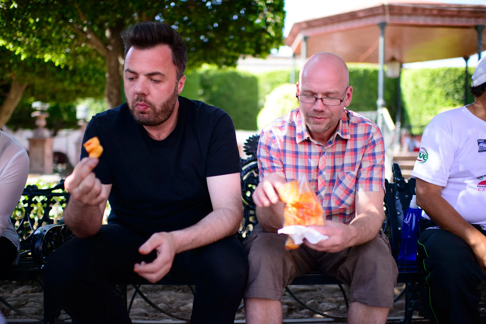 Chefs Bo Bech and Magnus Ek trying chicharrón chips for the fir