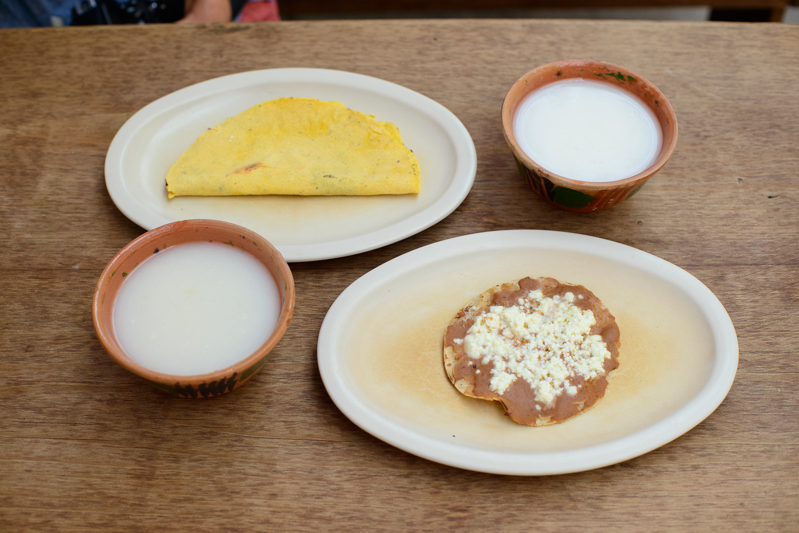 Oaxacan breakfast - atole blanco, quesadilla de maíz, memela co