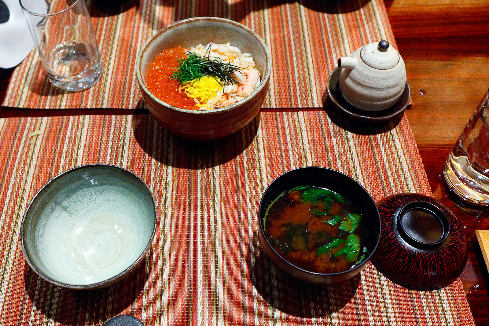 Kani ikura don, Alaskan king crab and dashi-marinated salmon roe over rice ($29) with Akadashi red miso soup ($5)