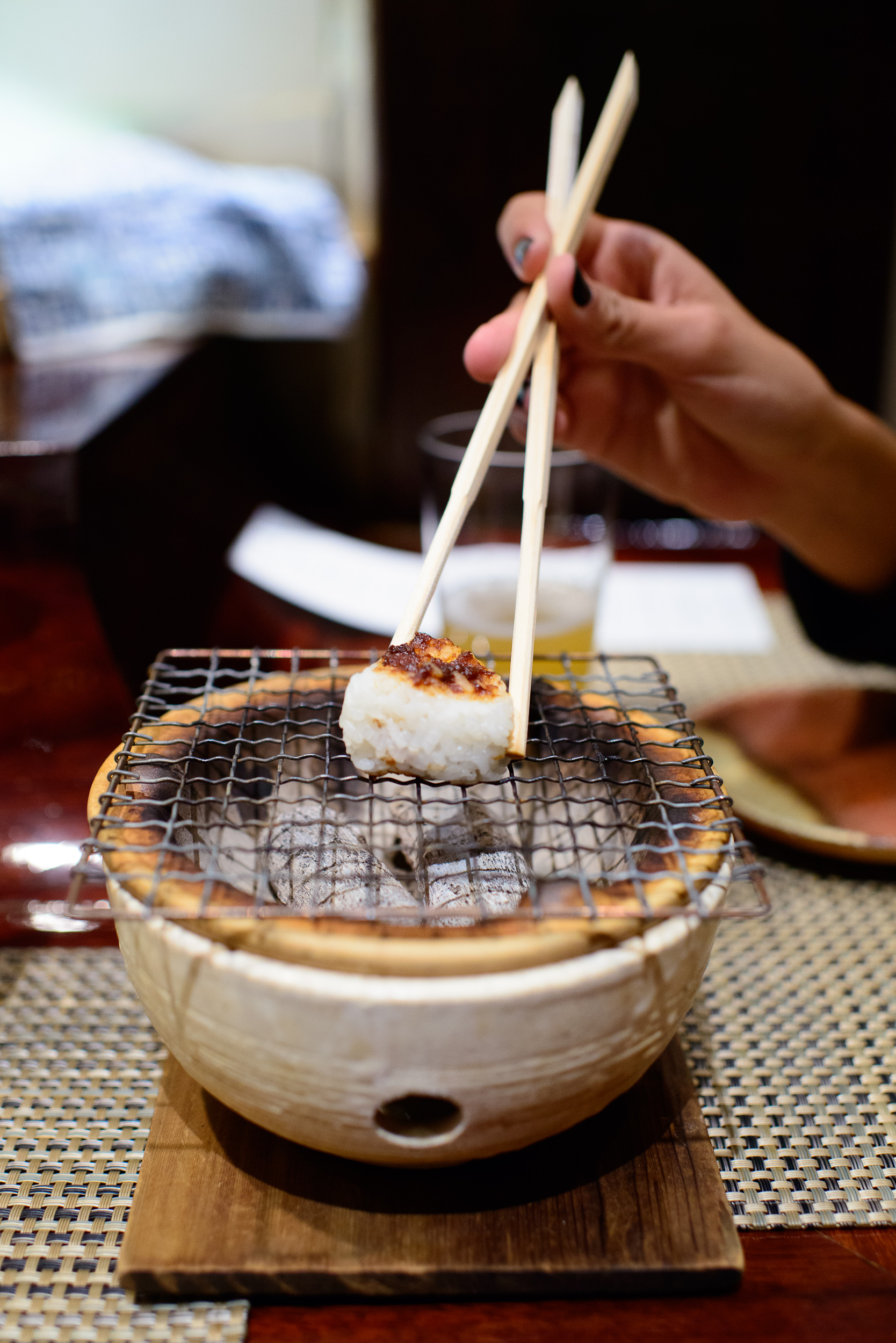 3rd Course: "Oshinogi" - celery miso yaki onigiri, toasted table