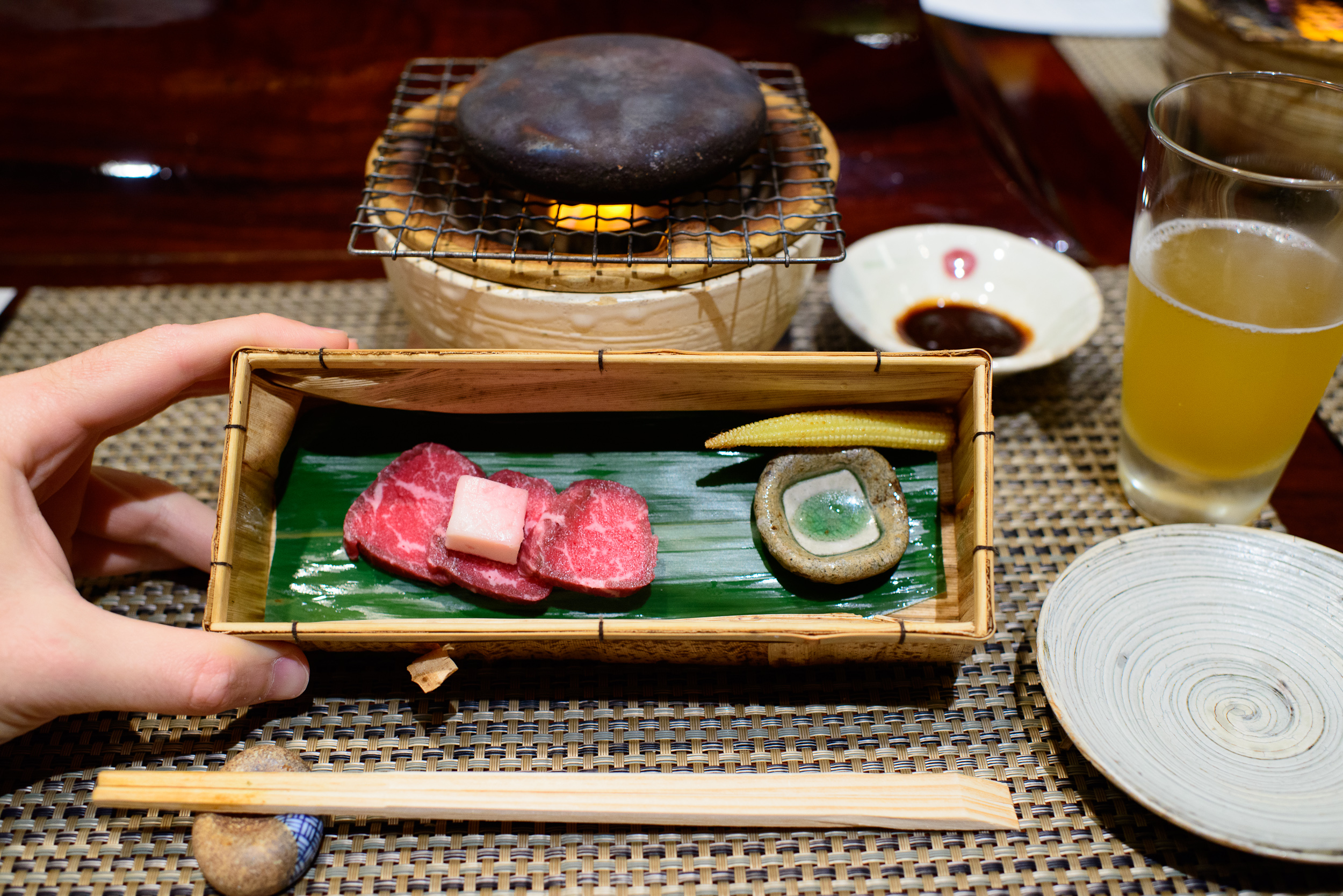 9th Course: "Yakimono" - Washu Tajima beef on a hot stone grill