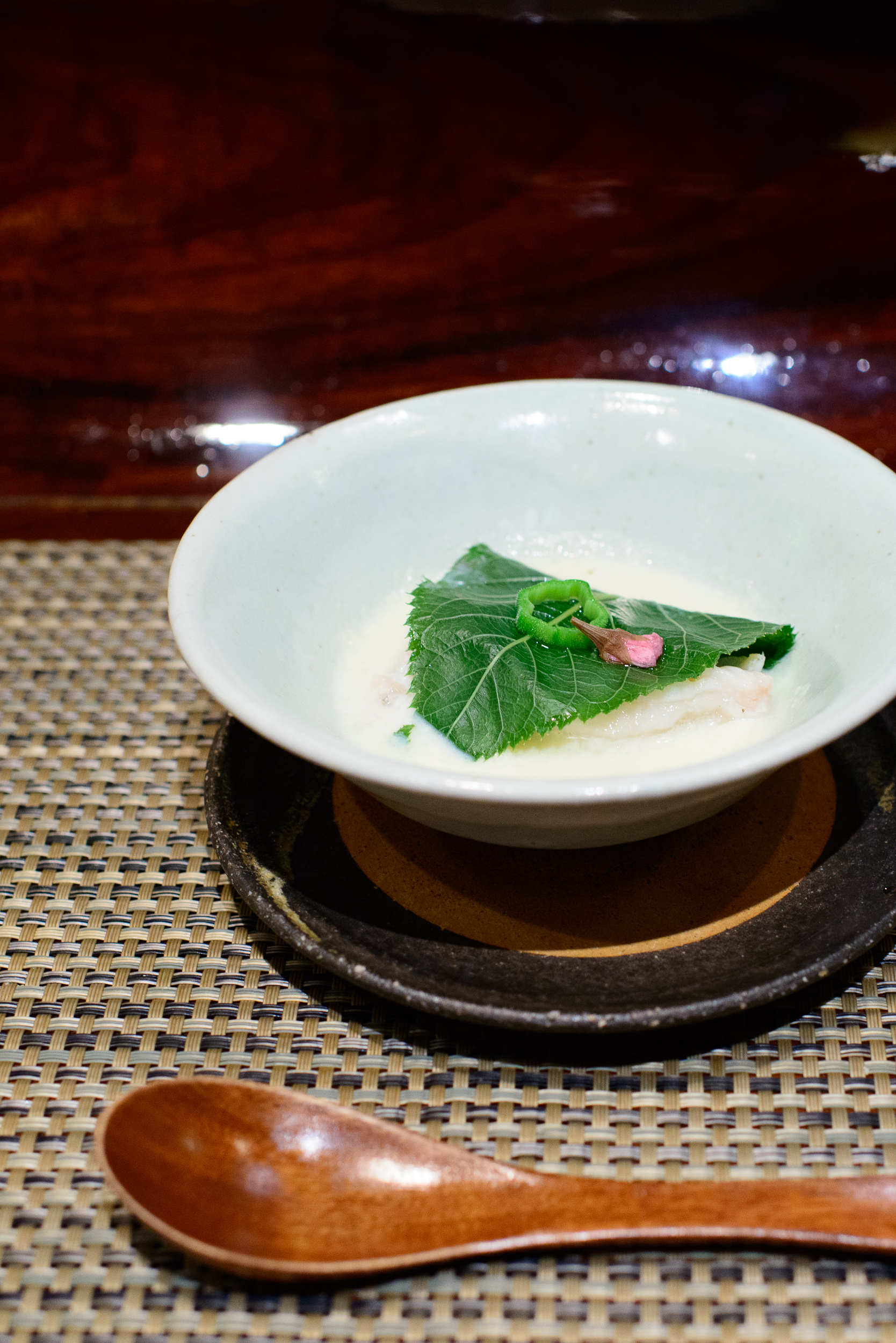 11th Course: "Nimono" - poached sweet snapper with cherry blosso