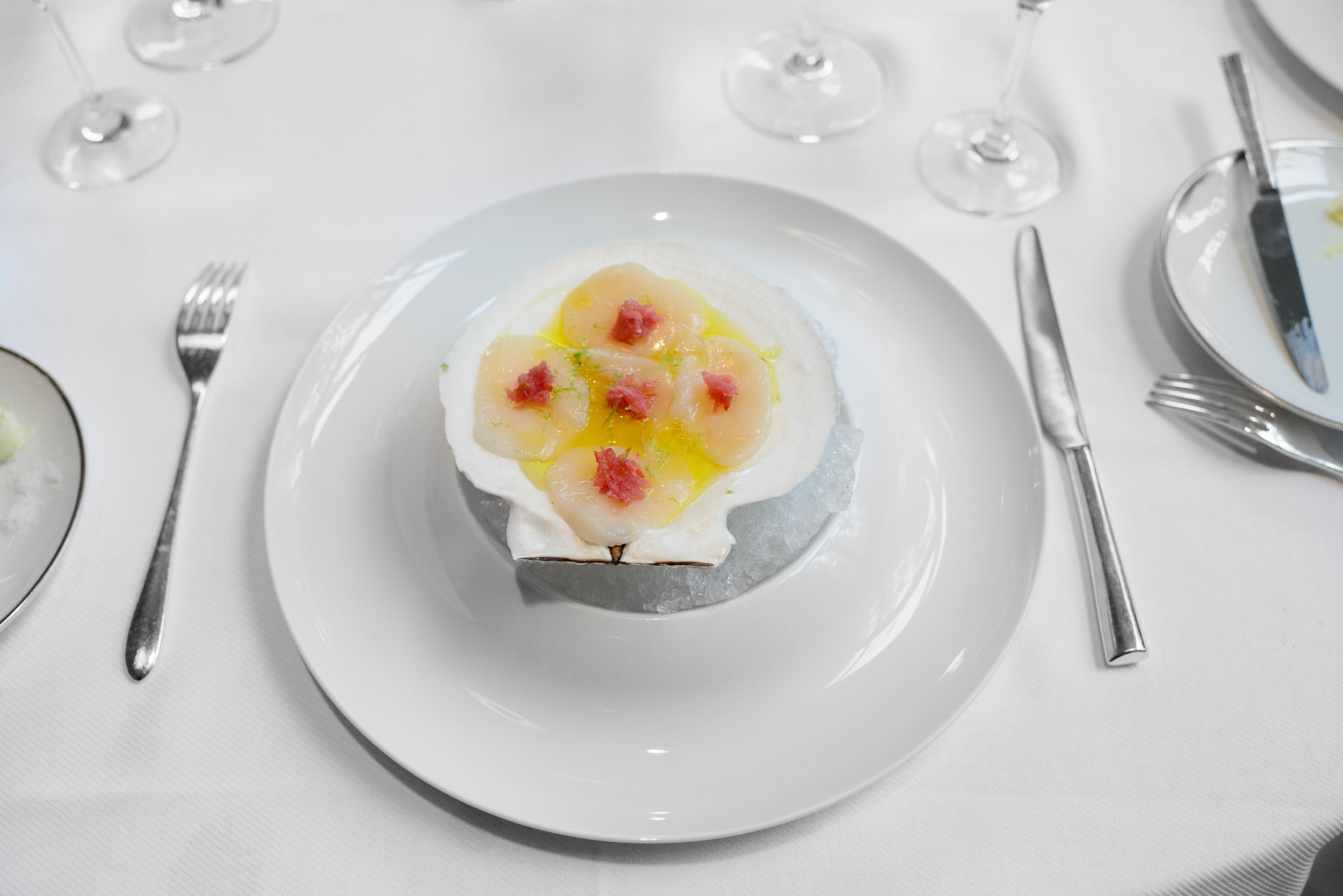 Scallop carpaccio with rhubarb, ginger, and olve oil