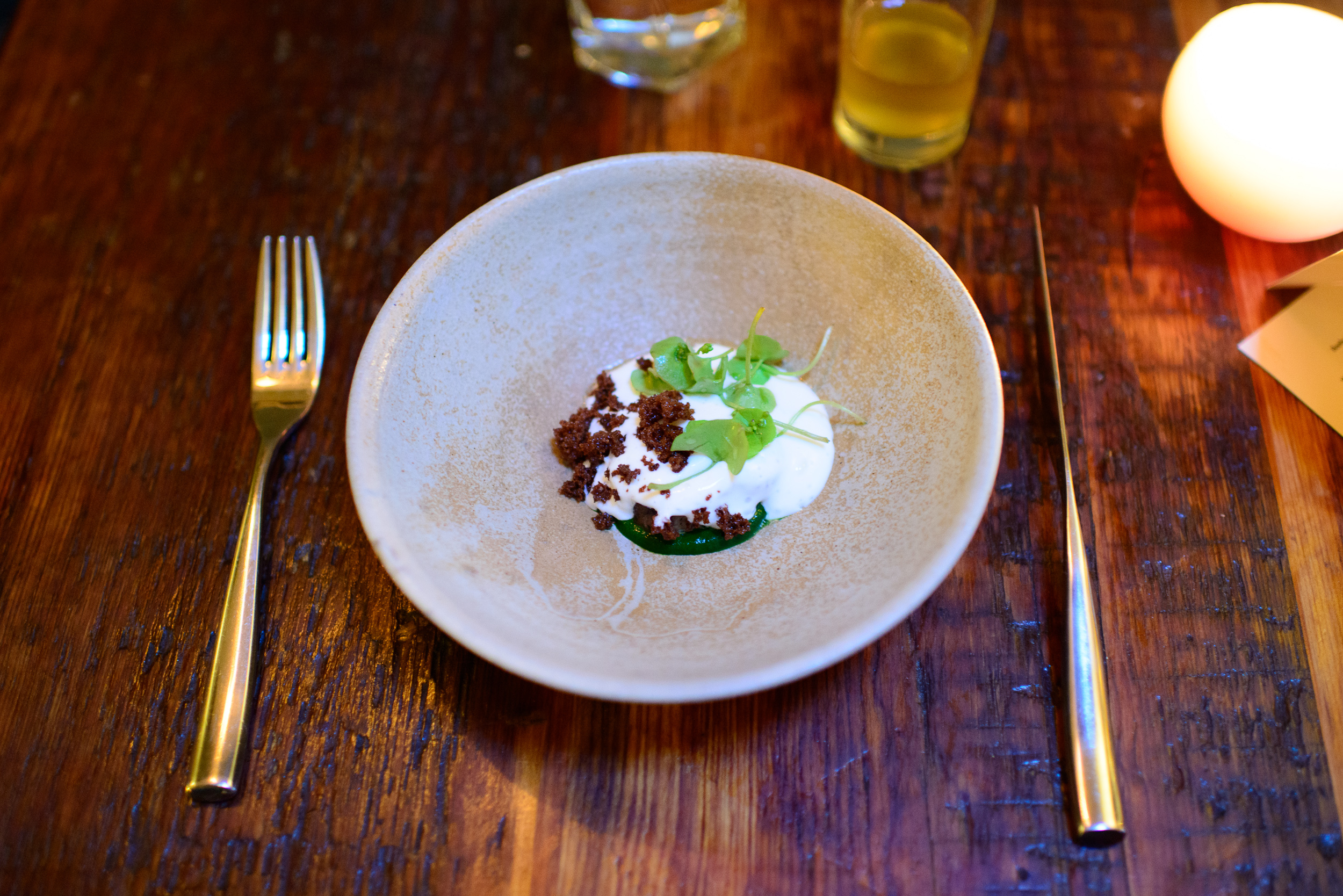 4th Course: Tea braised pork belly - nettle, smoked cheese, rye bread