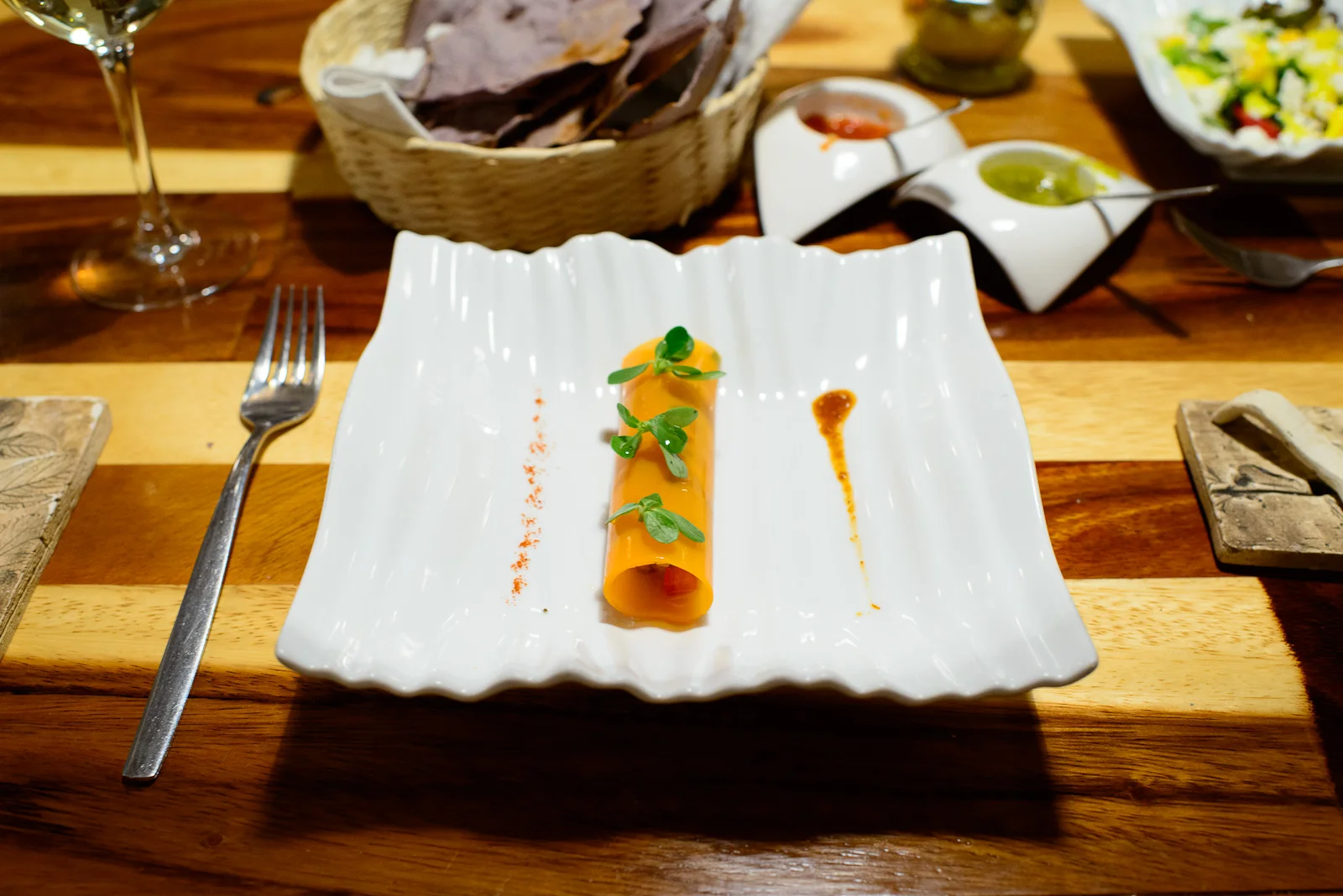 2nd Course: Carrot tacos - carrot sheets filled with shrimp cevi