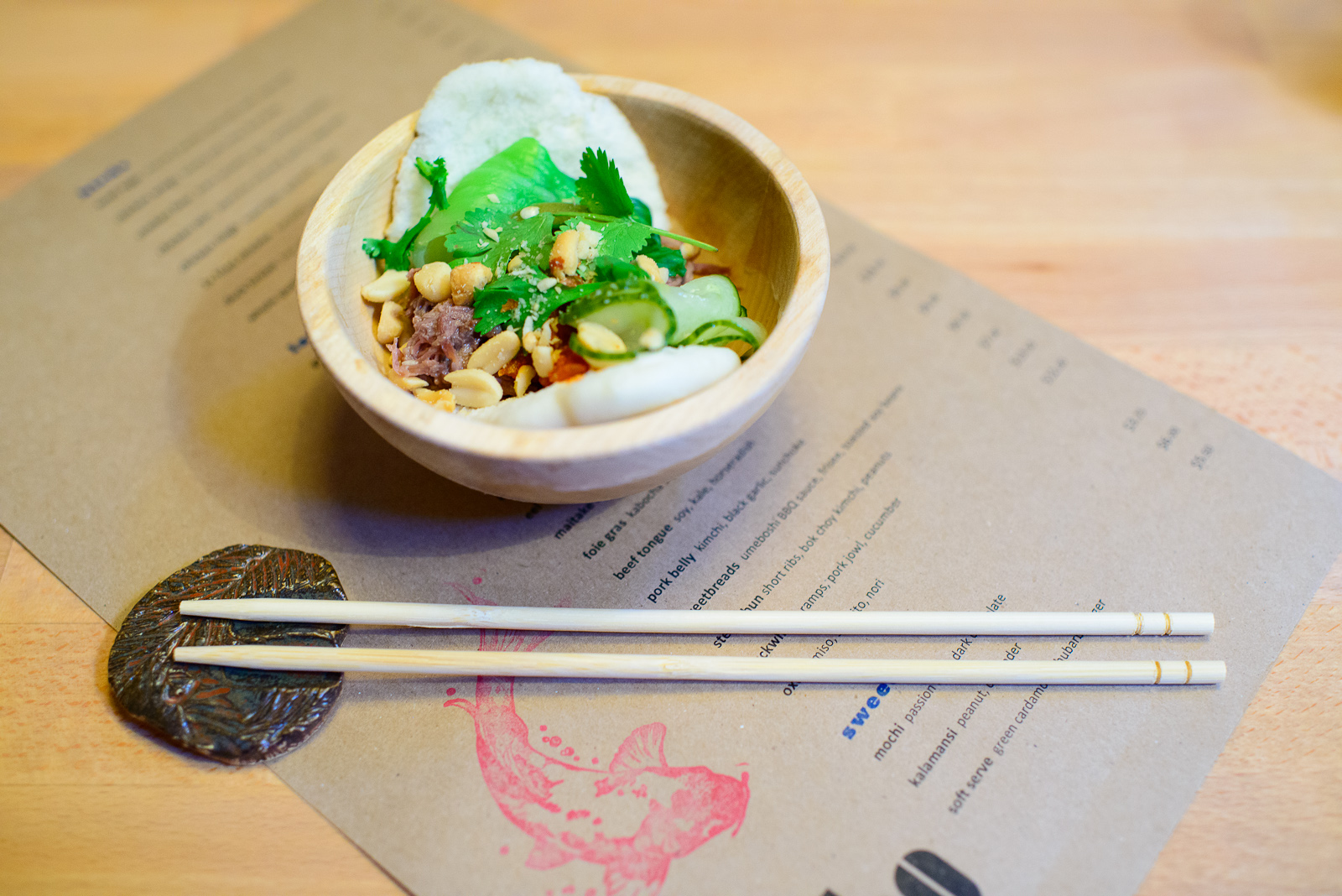 Steam bun - short ribs, bok choy kimchi, peanuts ($7)