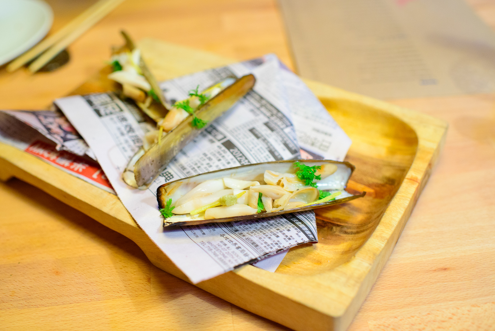 Razor clams - chervil, lemon, wasabi