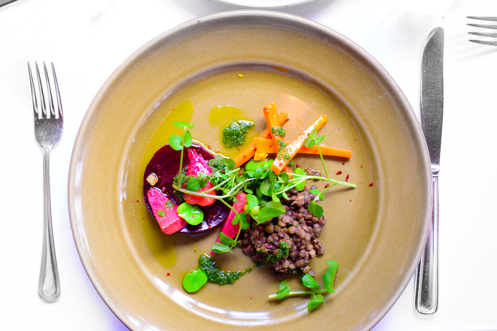 Lentils with preserved lemon, spicy carrots, and marinated beets