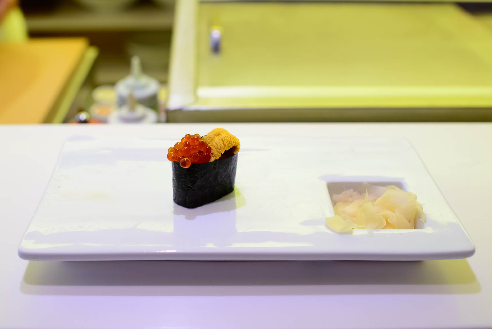 14th Course: Sea urchin and salmon roe sushi