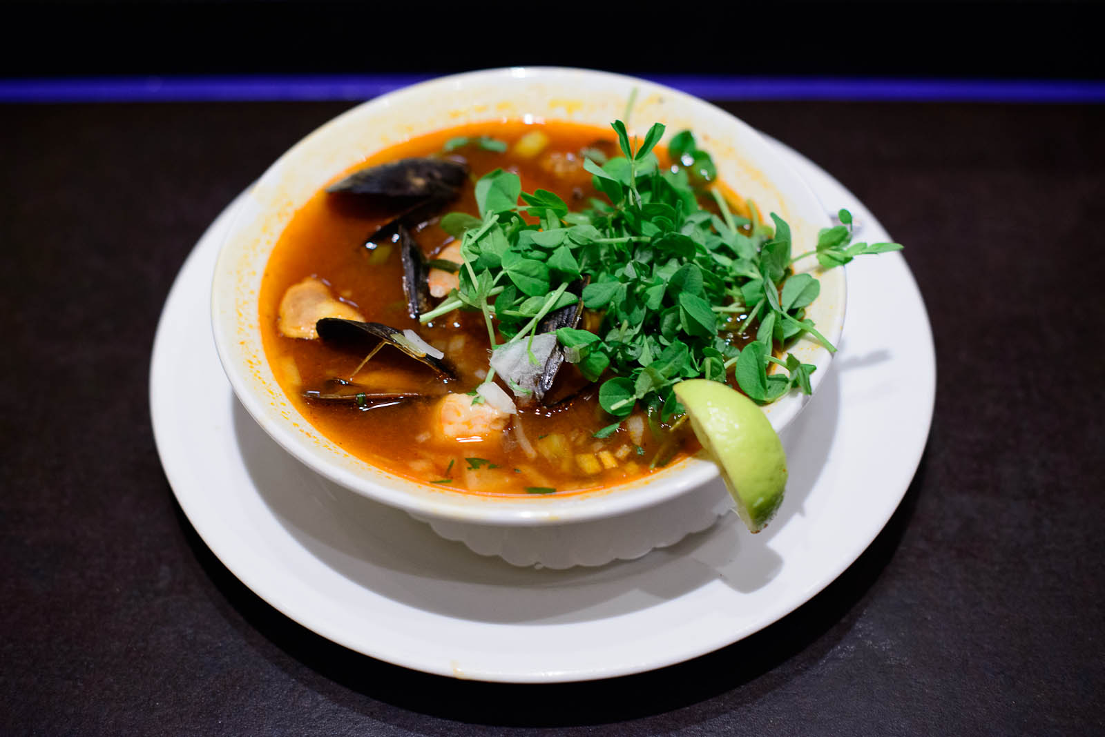 Seafood caldo - Mexican blue shrimp, mussels, catfish, red chile