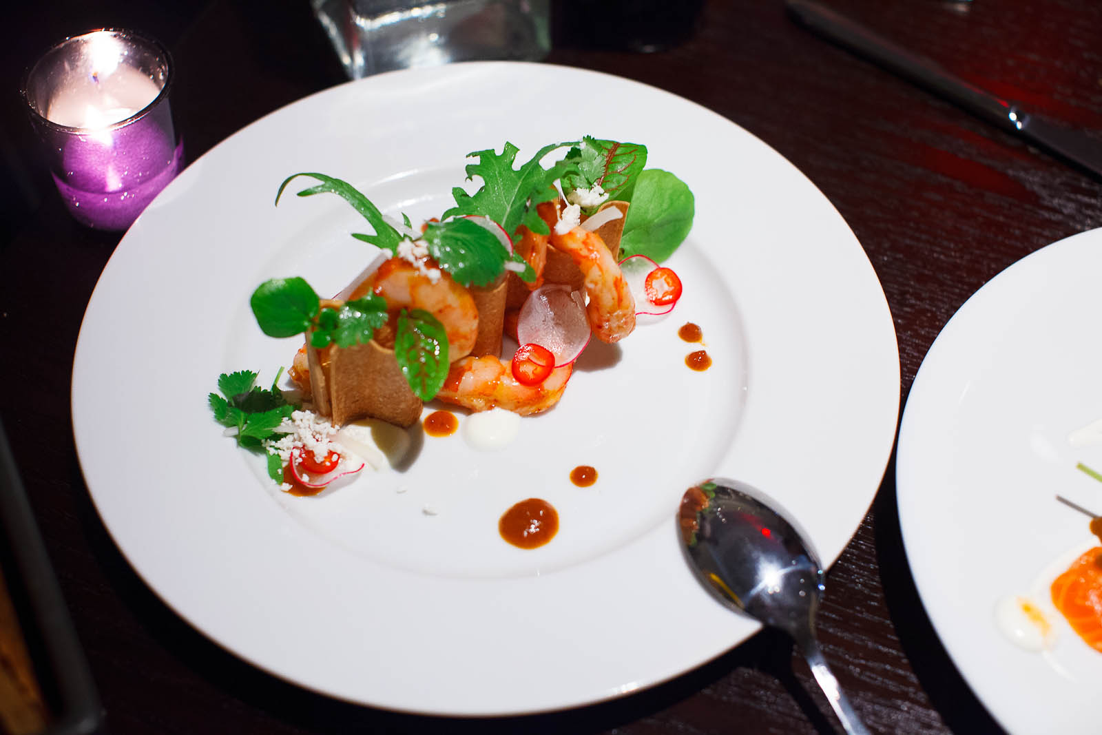 Ruby Red Shrimp with Crispy Masa, SeaUrchin Mousse and Lettuces
