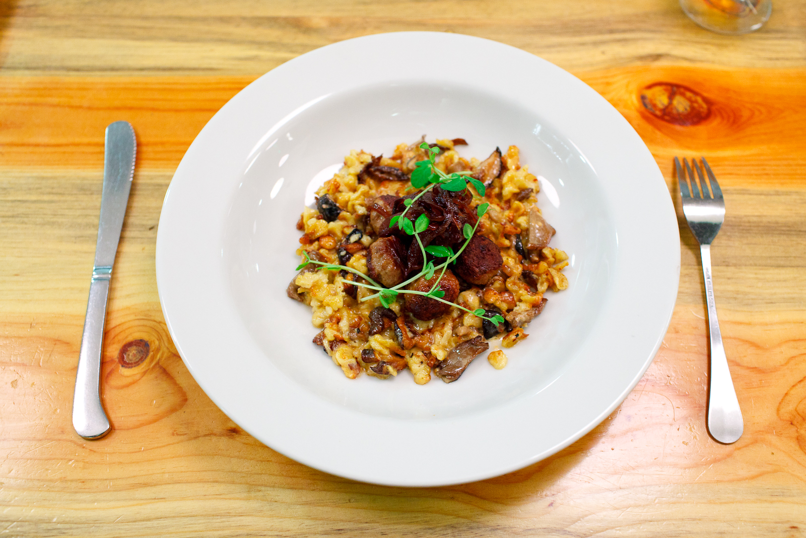 Wild boar meatballs, spaetzle, mushroom ragu, "agrodolce" onion ($18)