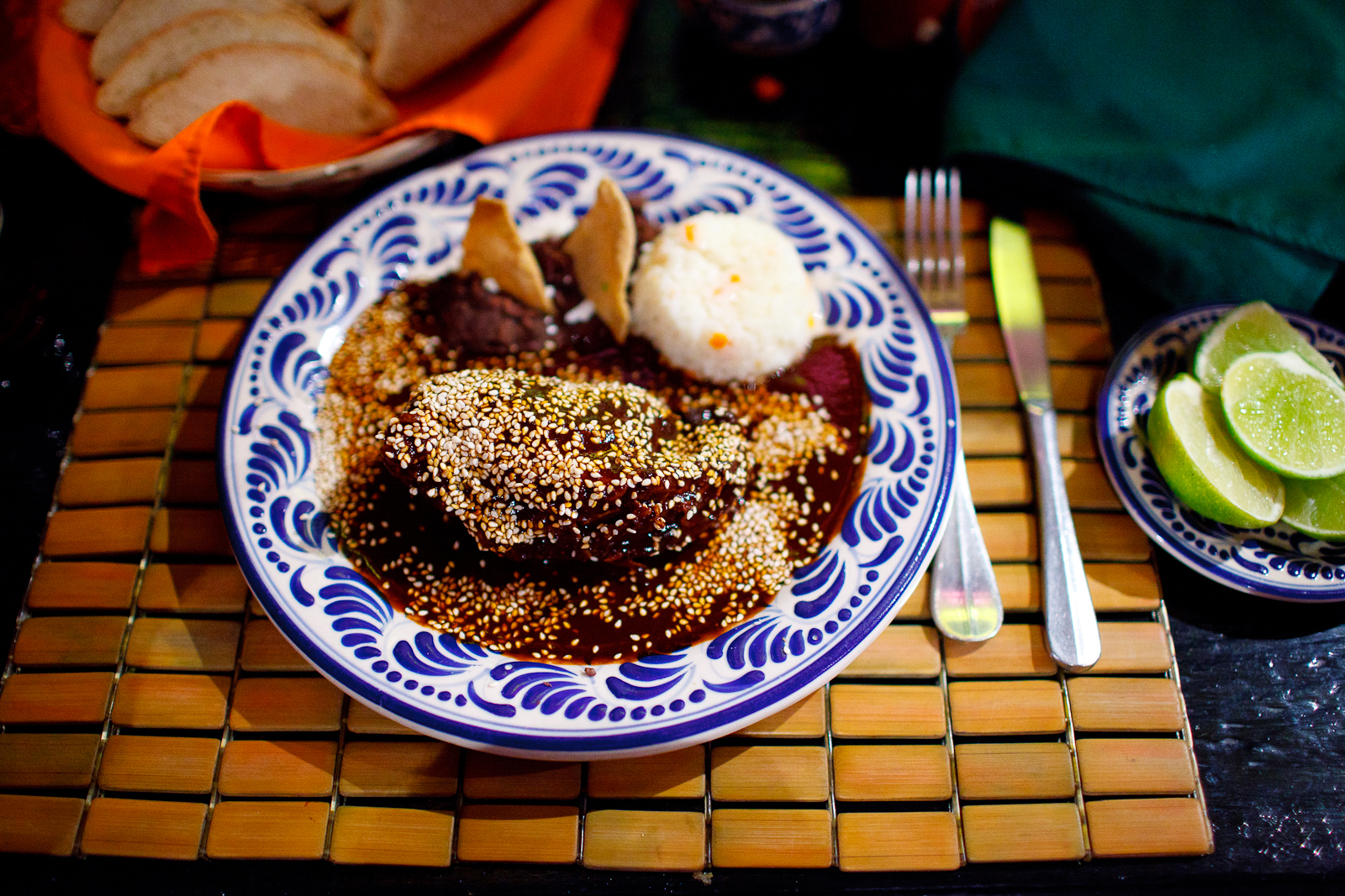 El platillo nacional de México. Mole poblano con pechuga de pollo (The national dish of Mexico. Pueblan mole with chicken breast) ($120 MXP)
