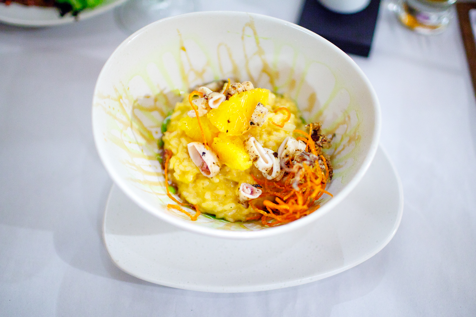 Risotto de mandarina y calmar (Mandarin orange risotto with octopus) ($120 MXP)