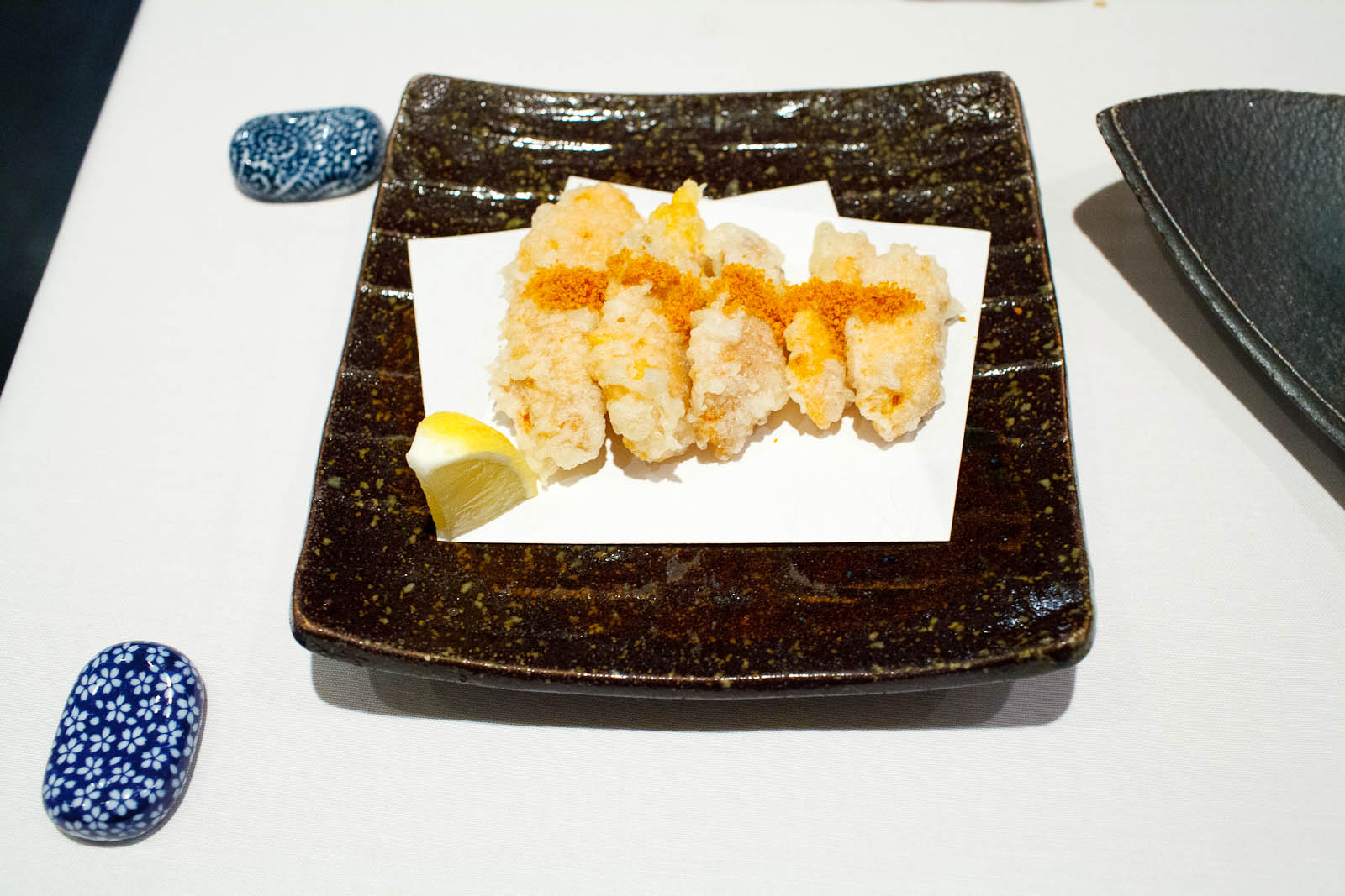 Uni tempura with uni powder - deep fried sashimi quality sea urc