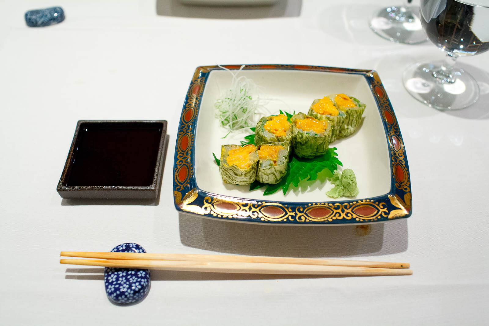 Uni ika kelp - Sea urchin sashimi and shiso squid, rolled in whi