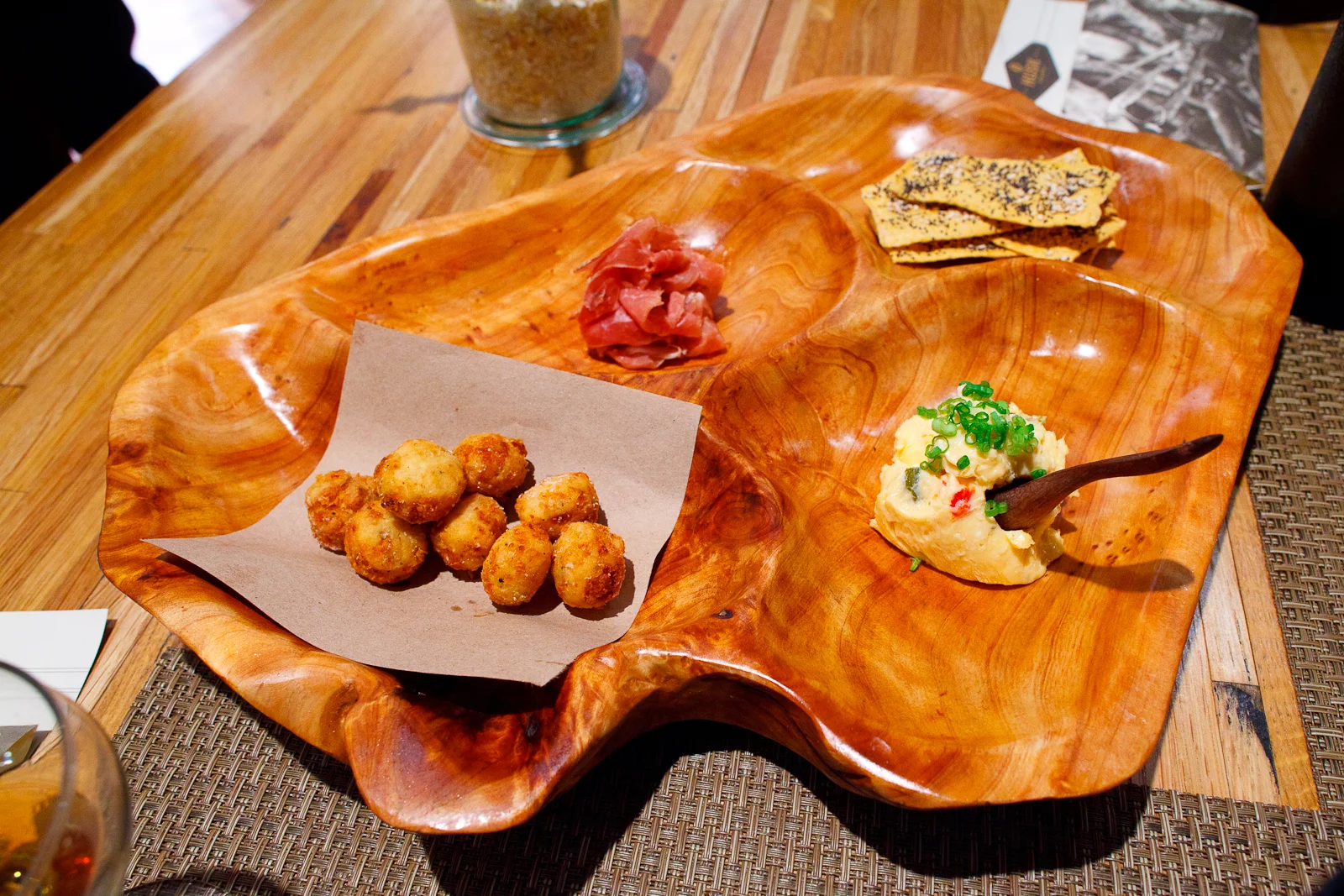Snacks 1_ Benne crackers, house-made pimento with Tennessee cheddar, Allan Benton's country ham, country ham deep-fried biscuits.jpg