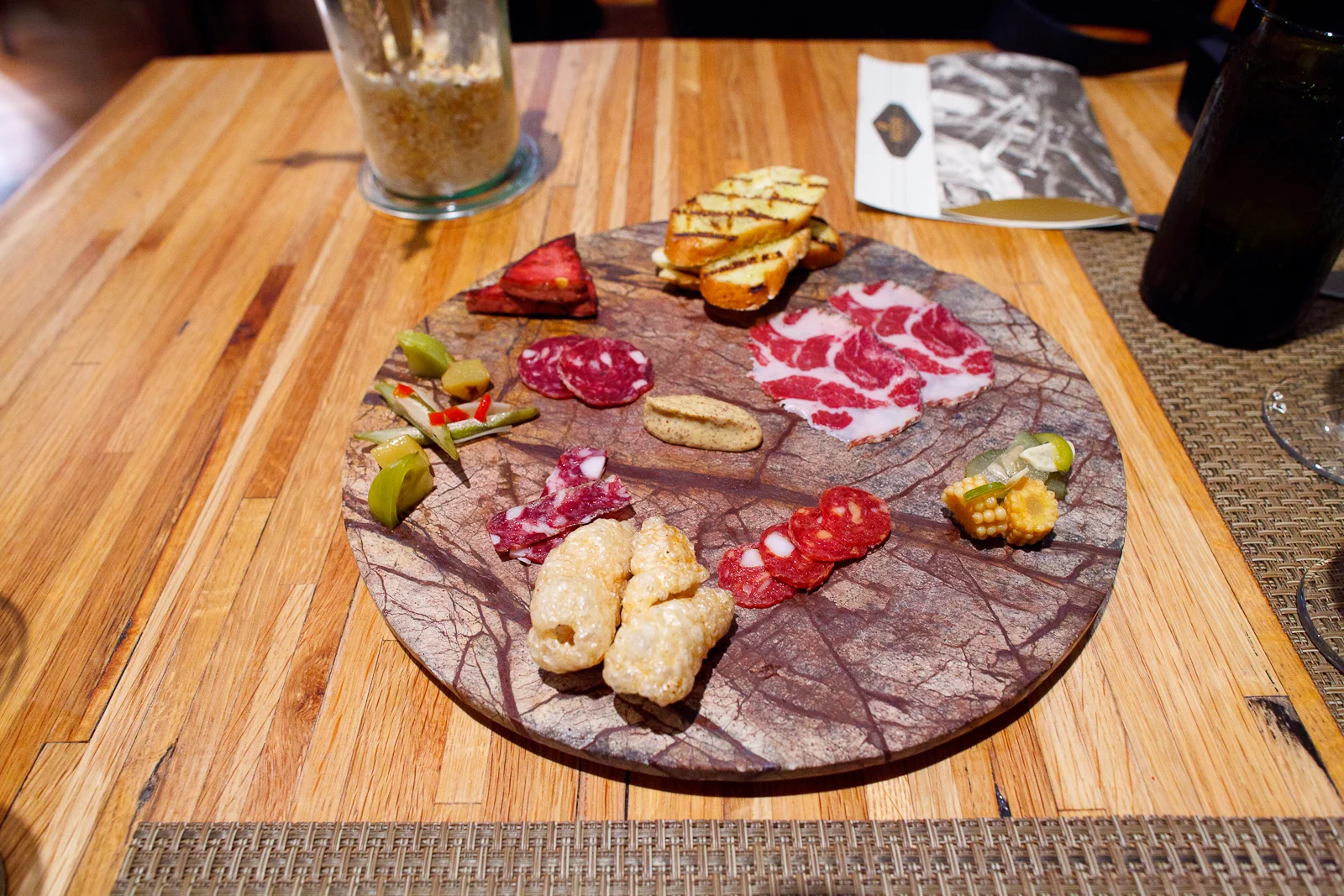 Snacks 2: Asobal coppa, picante sausage (smoked paprika, chili flake, cayenne), tuscan-style salami, San Francisco "pepperoni", Jalapeño and cheddar stuffed