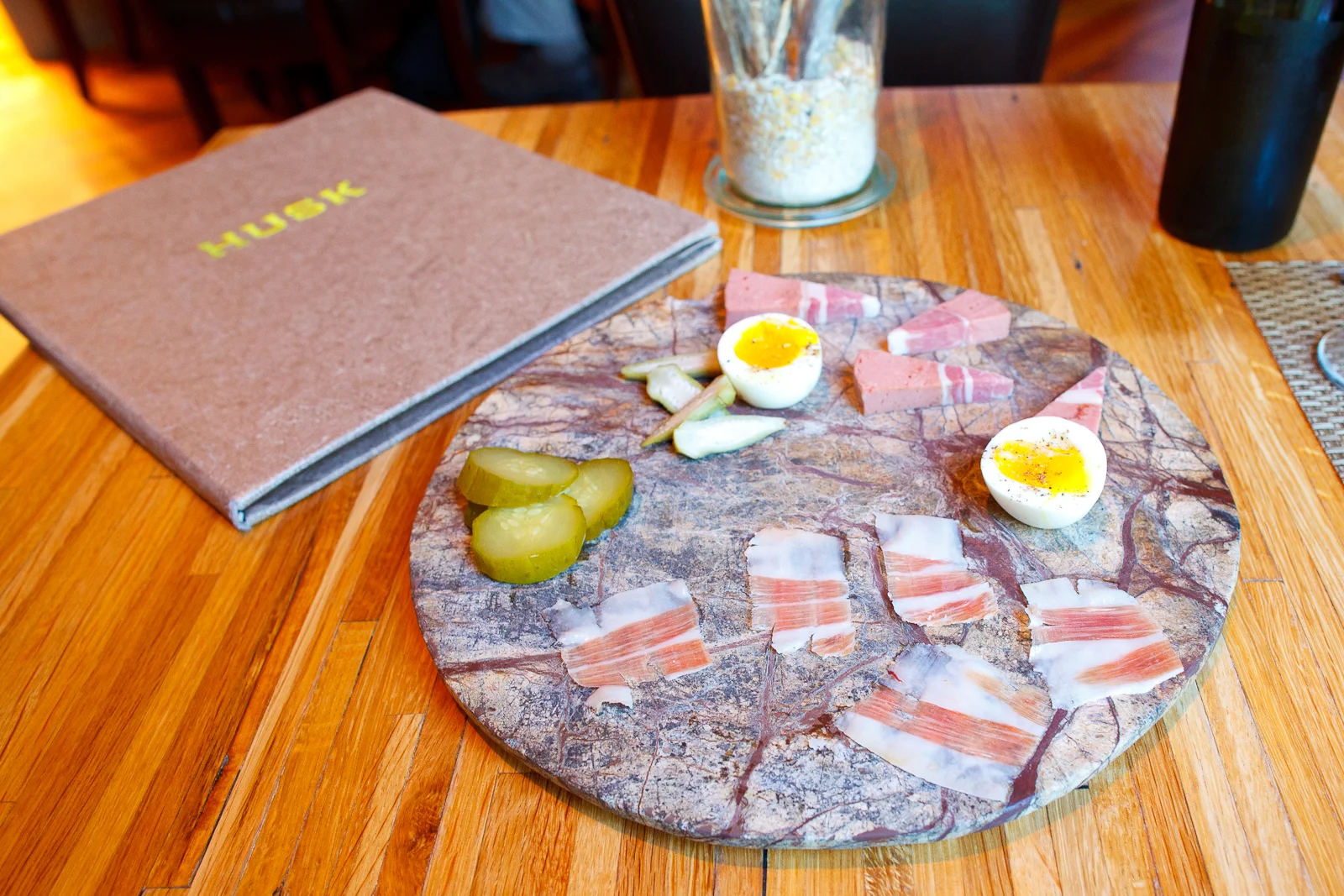 1st Course: Sam Edwards Serrano Virginia Ham, 4-minute boiled hen eggs with salt + pepper, guinea hog coppa wrapped in bologna, pickled vegetables
