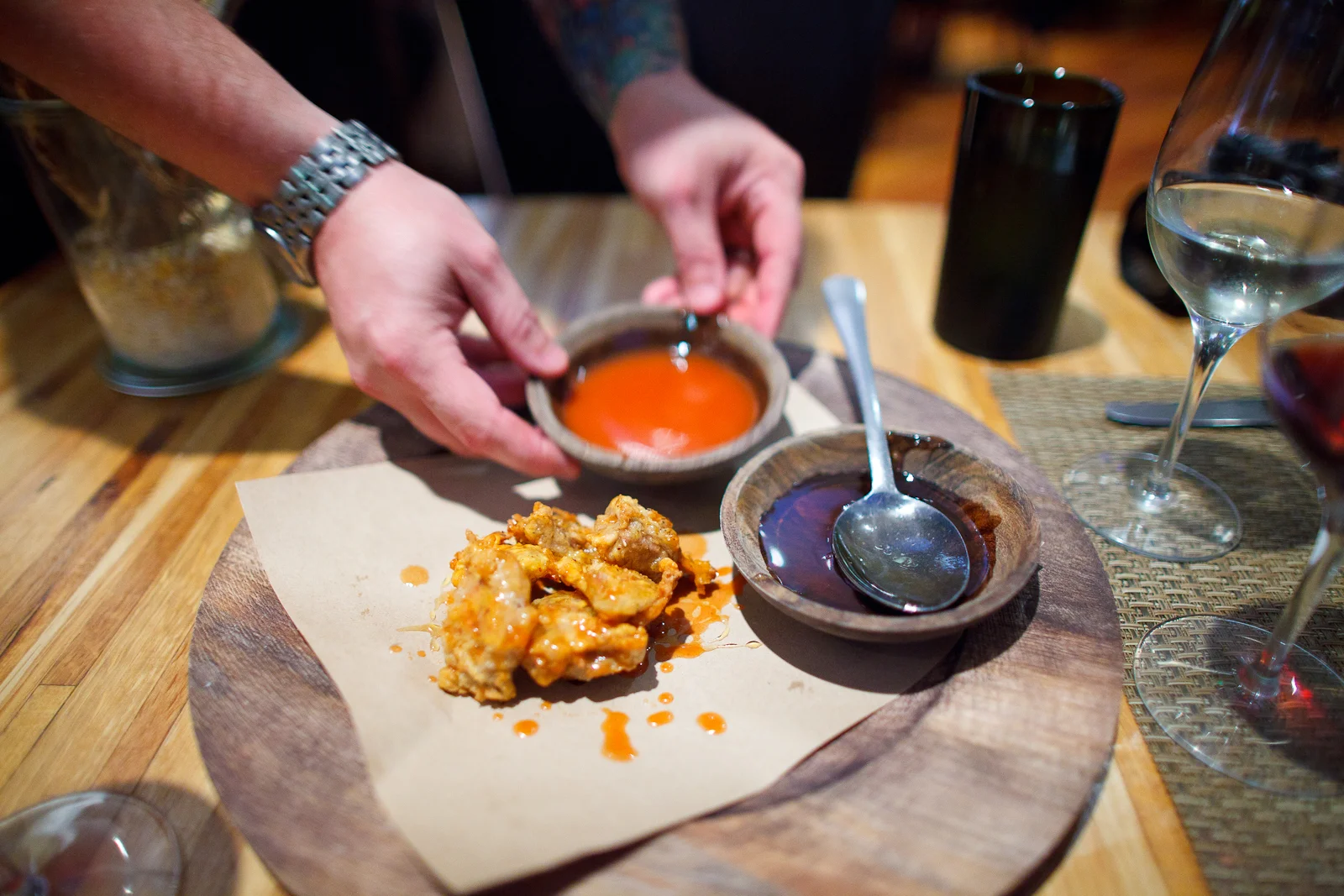 4th Course: Southern fried chicken hearts with hot sauce and honey
